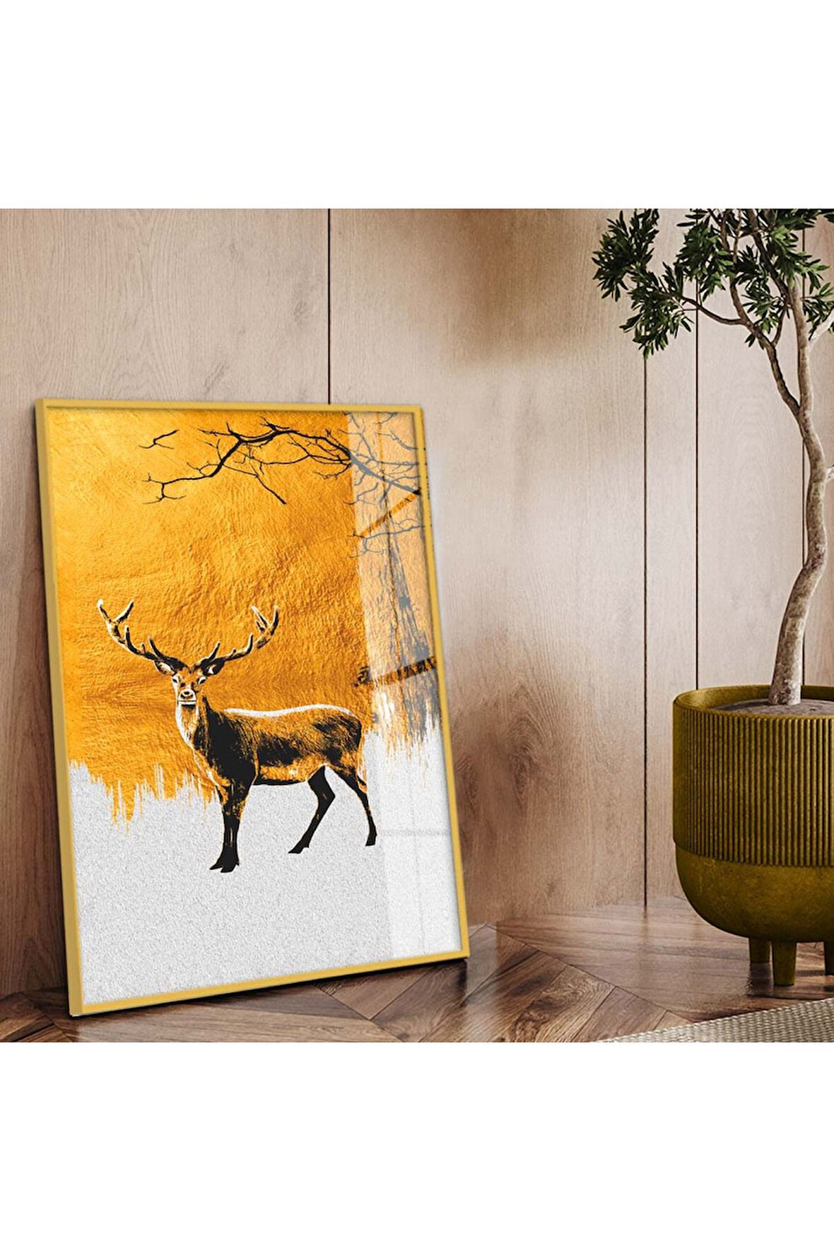 Gold Metal Çerçeveli Modern Çizim Geyik Tema Kırılmaz Cam Tablo