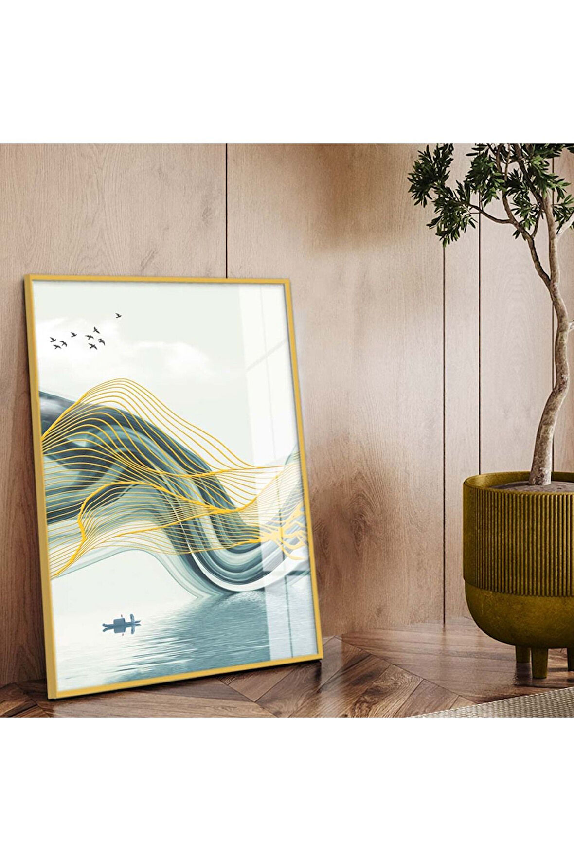 Gold Metal Çerçeveli Modern Çizim Soyut Tema Kırılmaz Cam Tablo