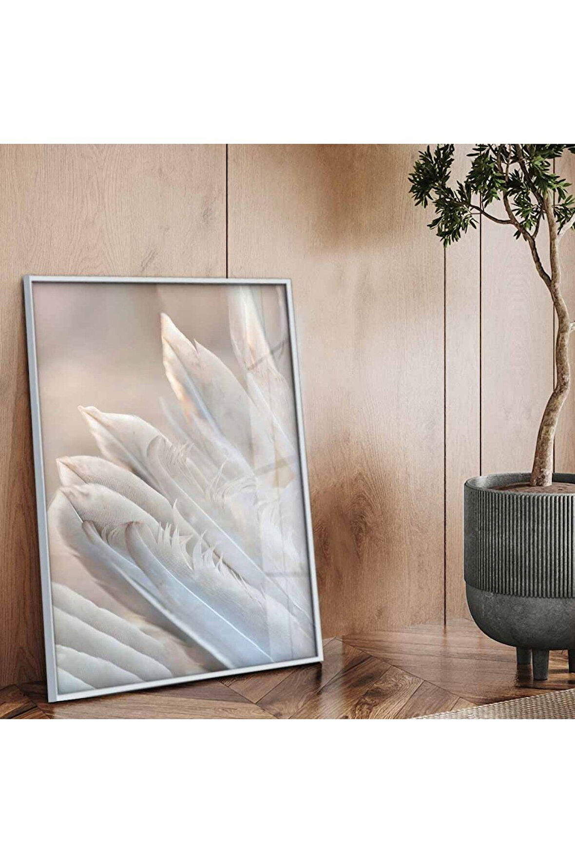 Gümüş Metal Çerçeveli Beyaz Kuş Tüyü Kırılmaz Cam Tablo