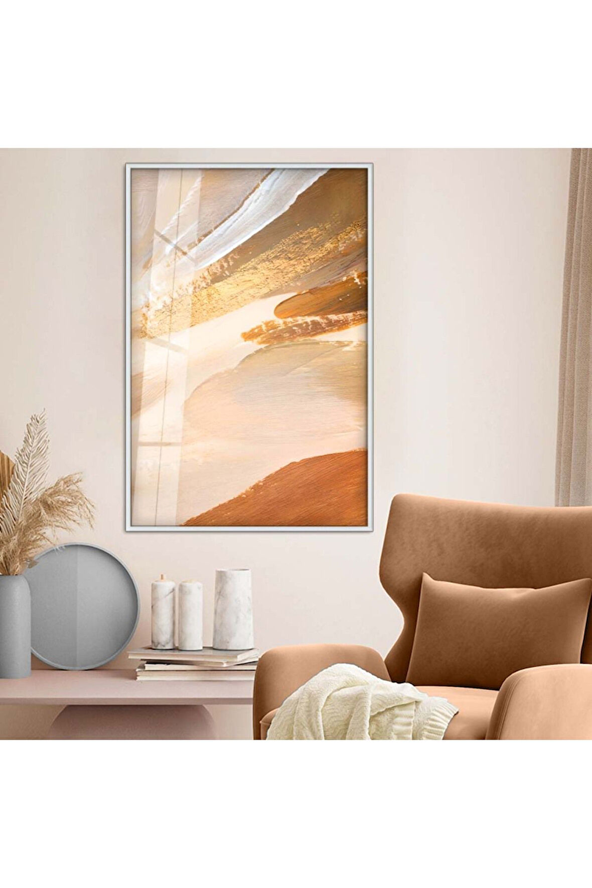 Gold Metal Çerçeveli Modern Çizim Soyut Tema Kırılmaz Cam Tablo