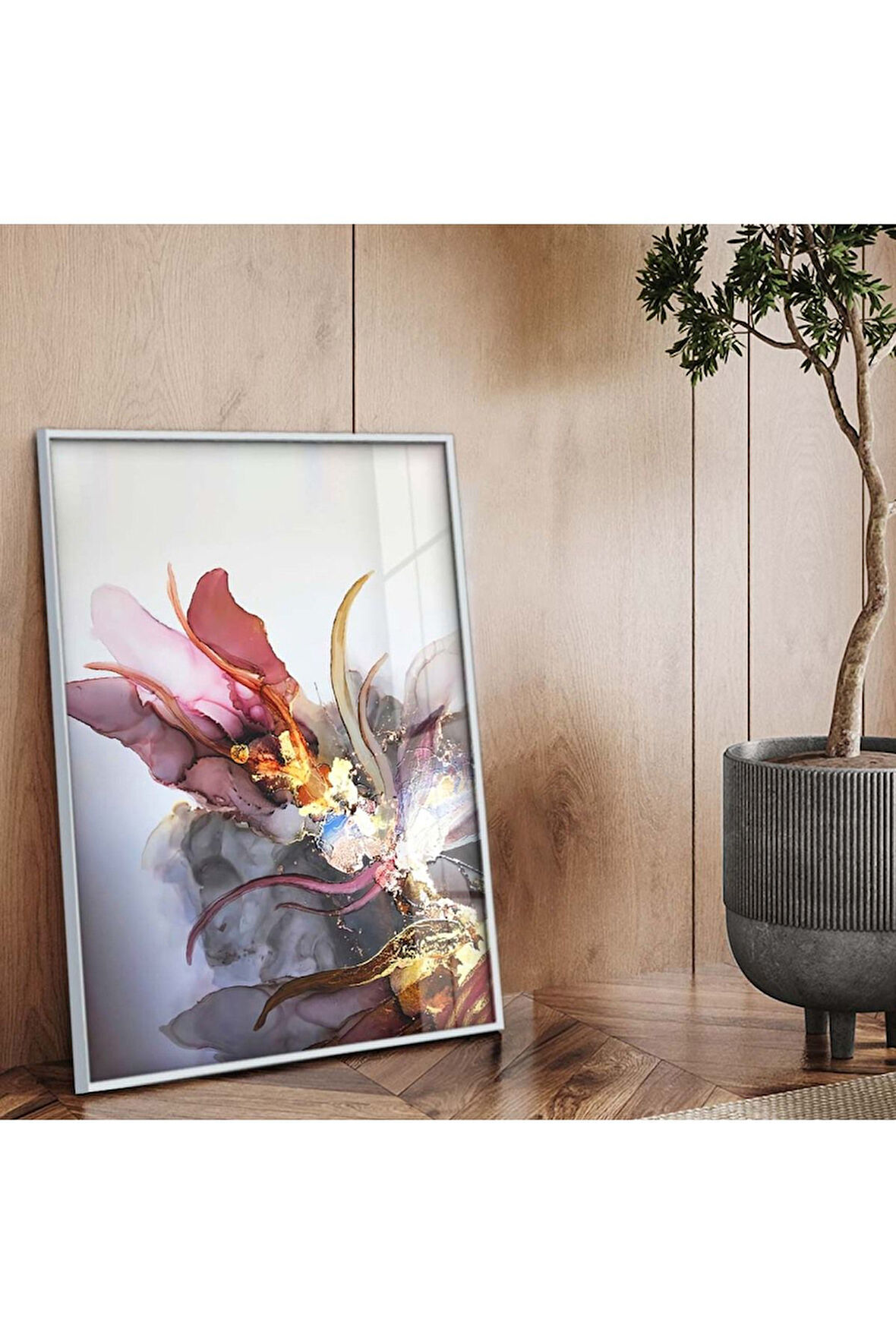 Gümüş Metal Çerçeveli Renkli Çiçek Modern Çizim Kırılmaz Cam Tablo