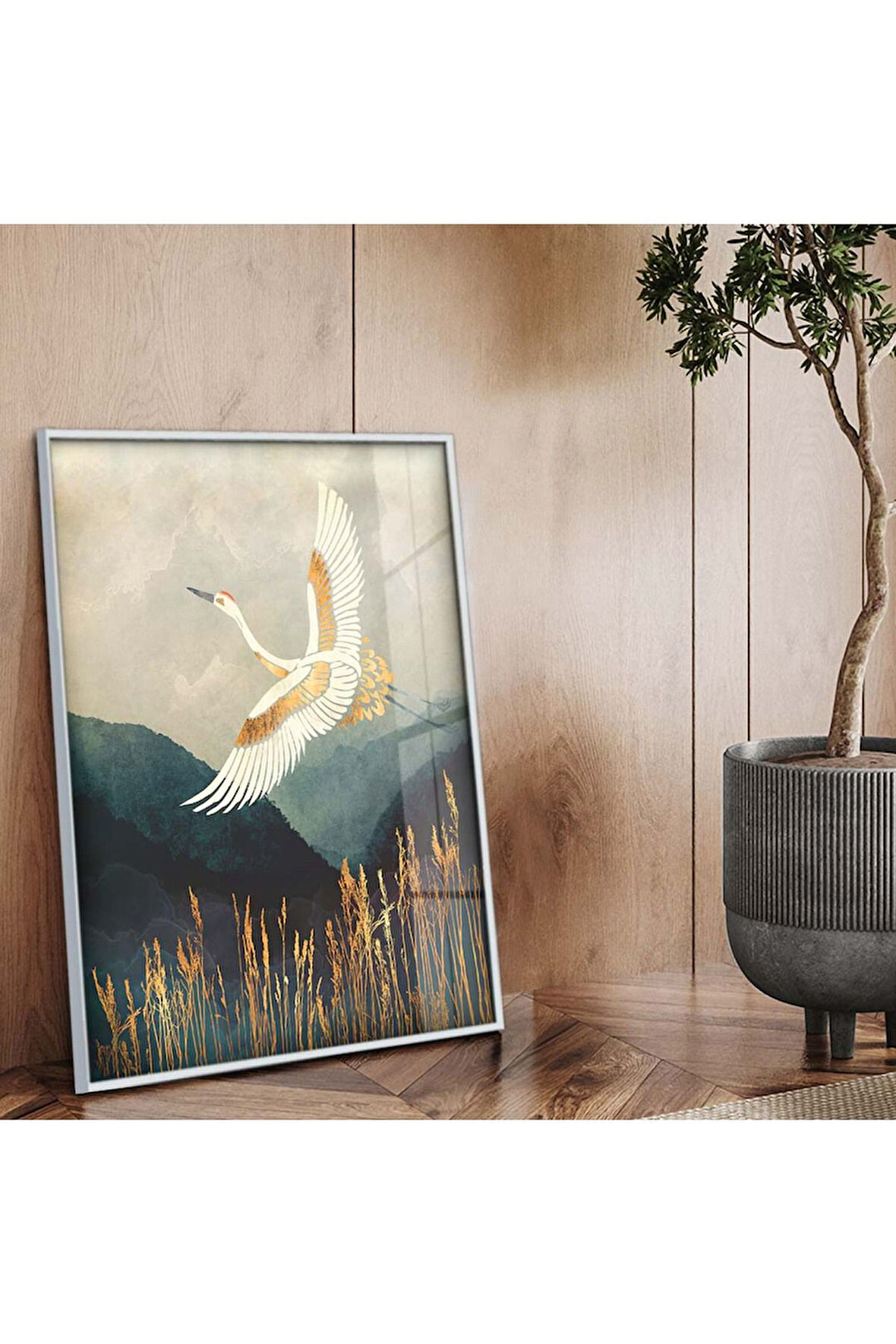 Gümüş Metal Çerçeveli Kuş Figürlü Modern Çizim Kırılmaz Cam Tablo