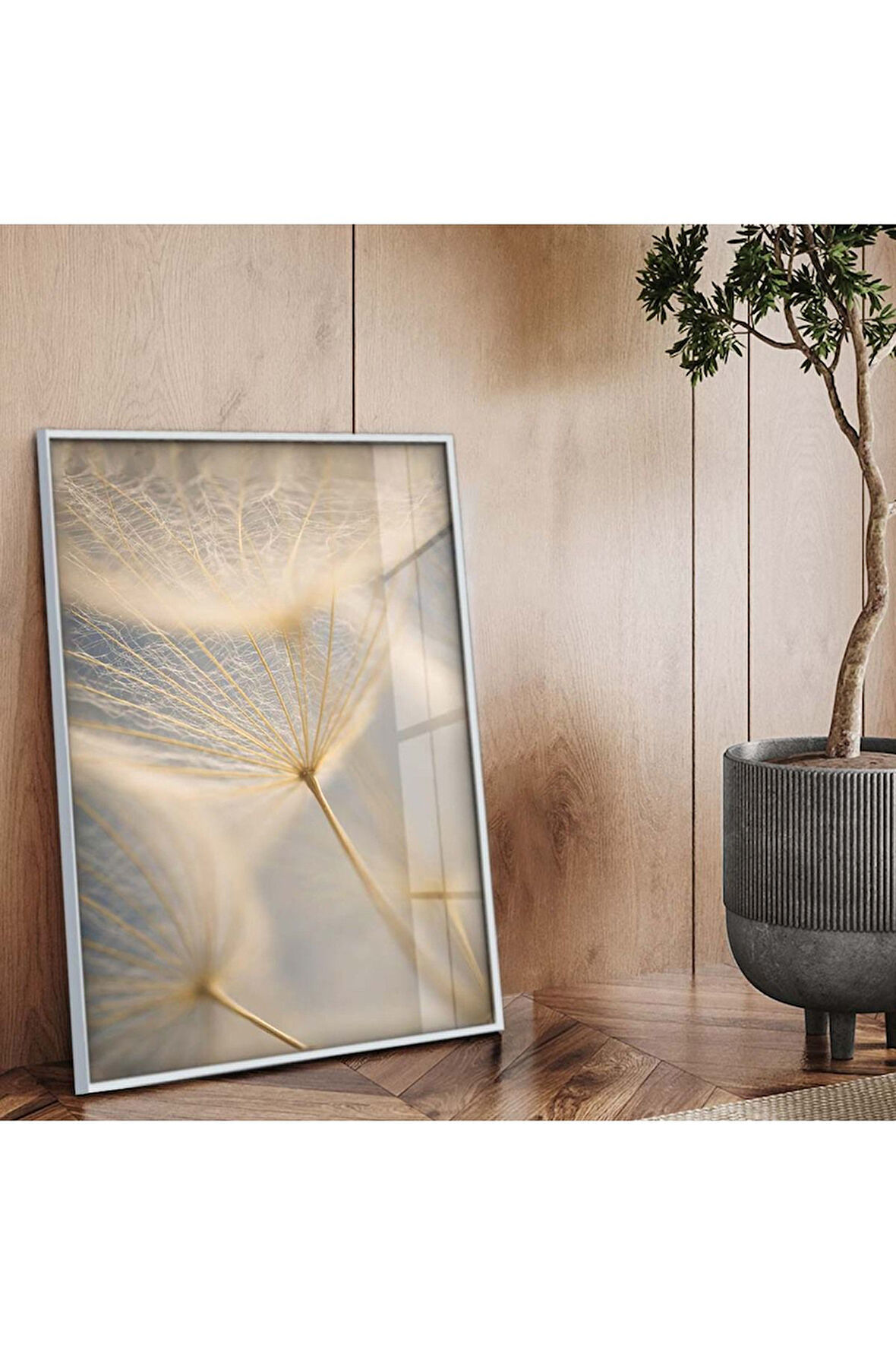 Gümüş Metal Çerçeveli Kurutulmuş Tüy Desen Kırılmaz Cam Tablo