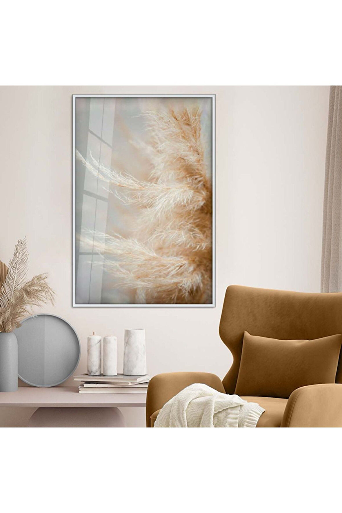 Siyah Metal Çerçeveli Kurutulmuş Tüy Desen Kırılmaz Cam Tablo