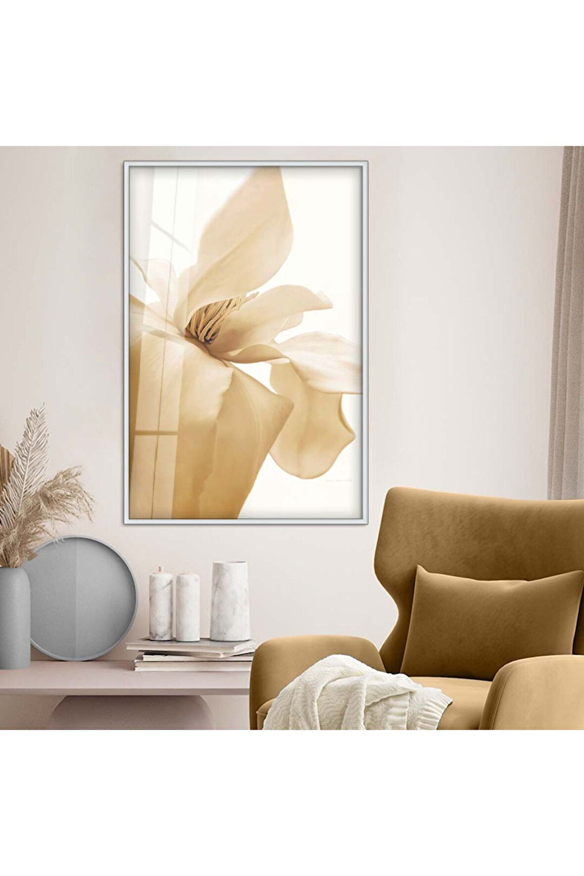 Gold Metal Çerçeveli Çiçek Desen Kırılmaz Cam Tablo