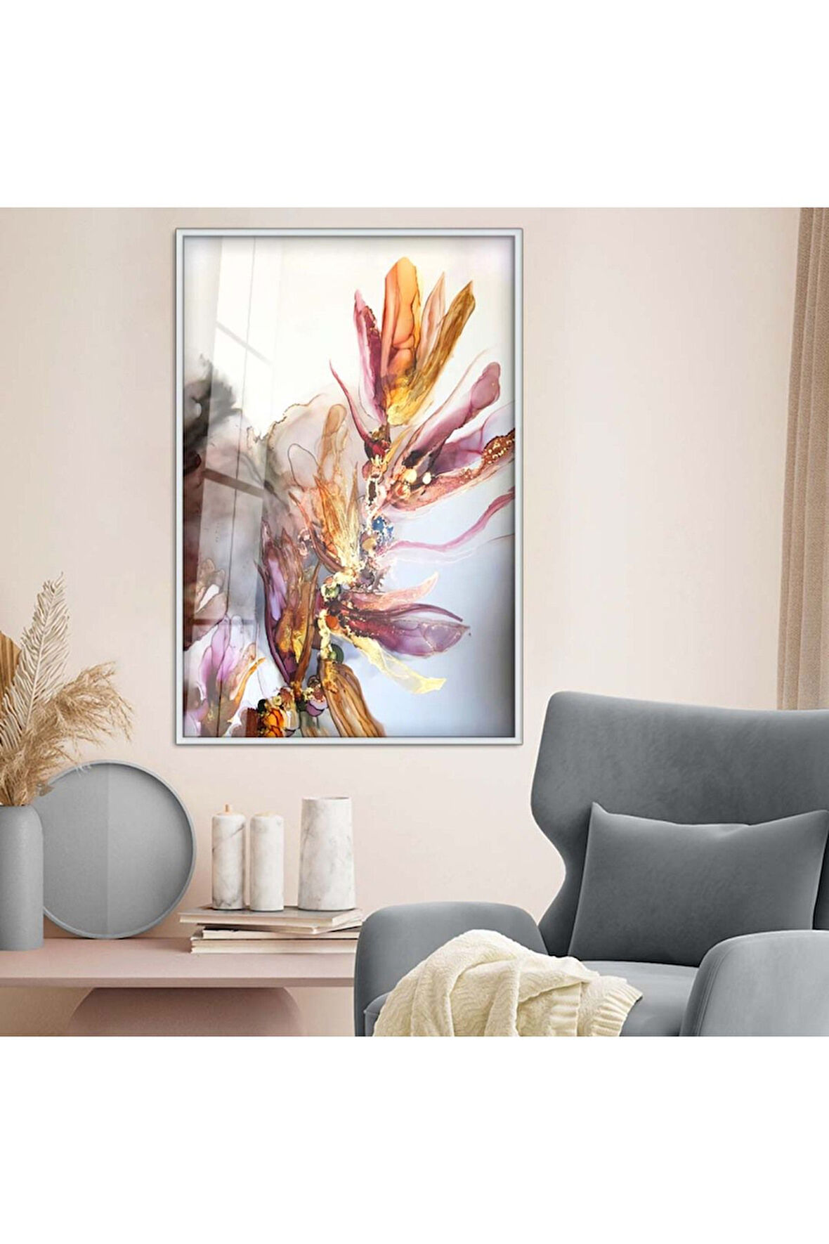 Siyah Metal Çerçeveli Renkli Çiçek Modern Çizim Kırılmaz Cam Tablo