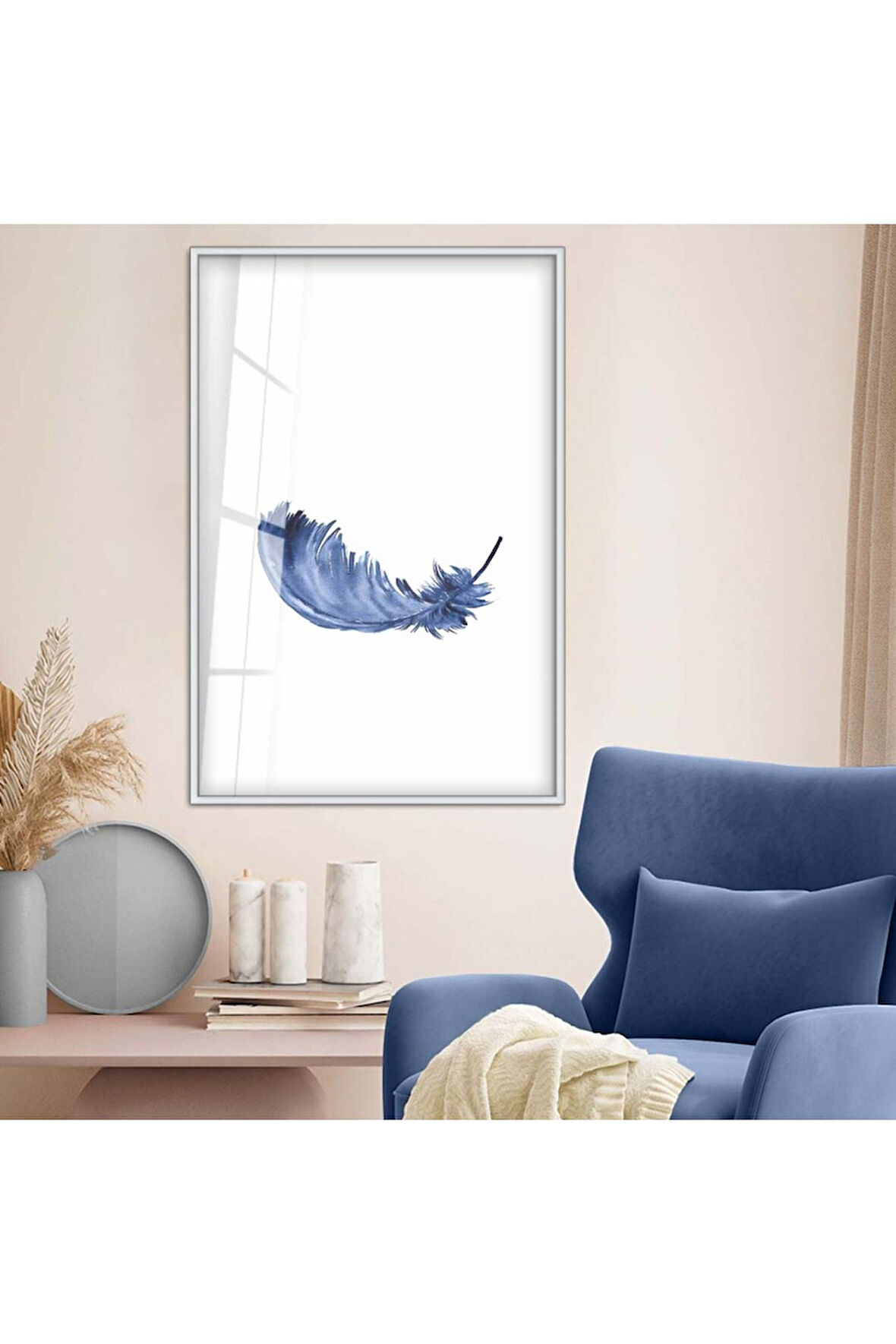 Gold Metal Çerçeveli Mavi Tüy Desen Kırılmaz Cam Tablo