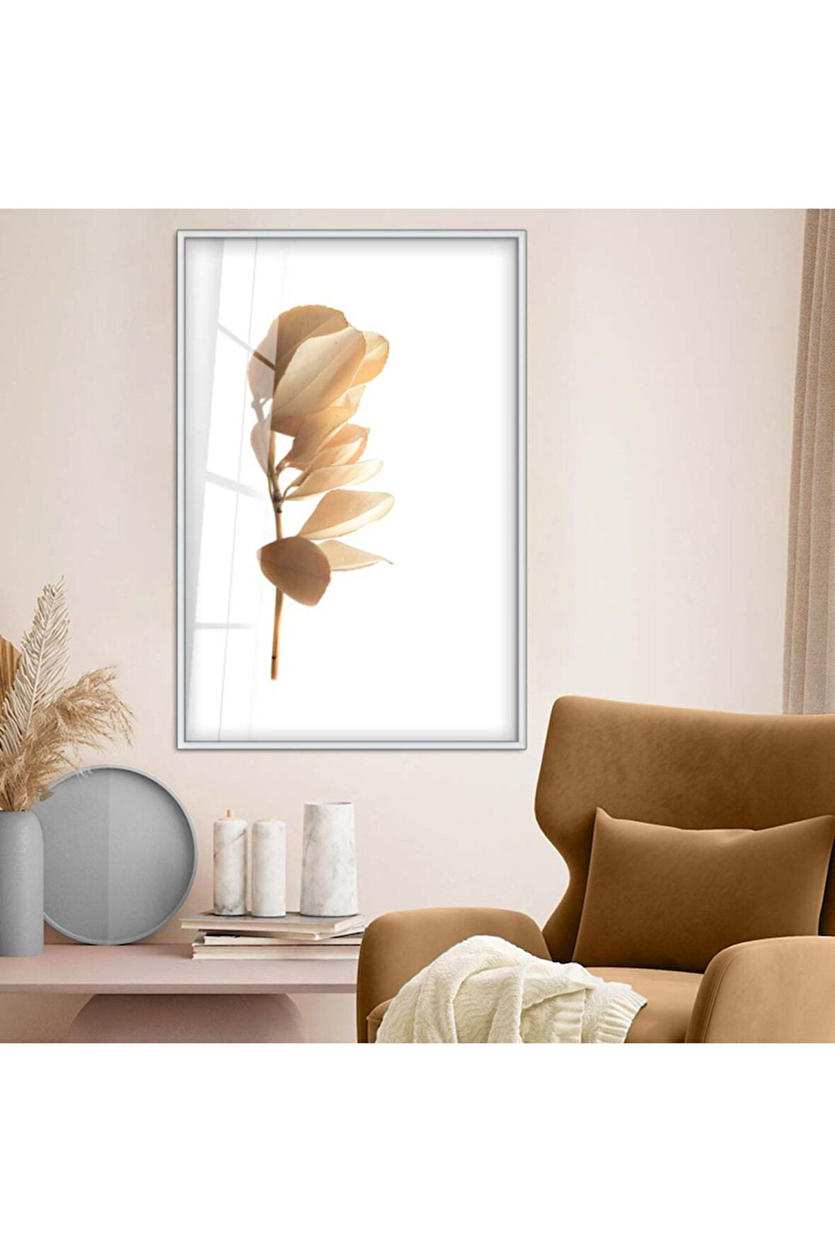 Siyah Metal Çerçeveli Yaprak Desen Kırılmaz Cam Tablo