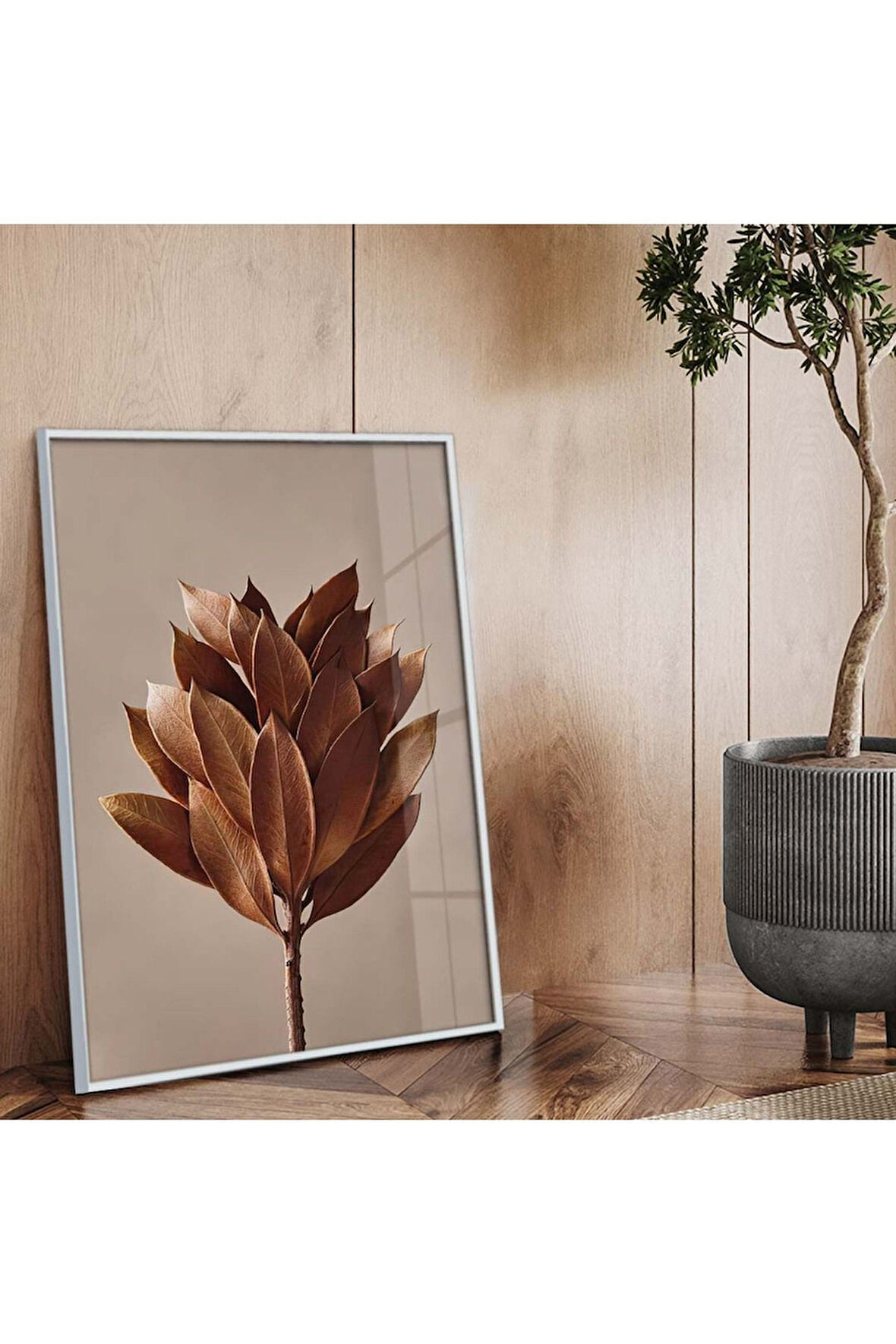 Gümüş Metal Çerçeveli Yaprak Desen Kırılmaz Cam Tablo