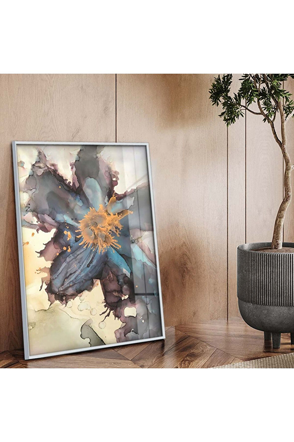 Gümüş Metal Çerçeveli Soyut Tema Modern Çizim Kırılmaz Cam Tablo