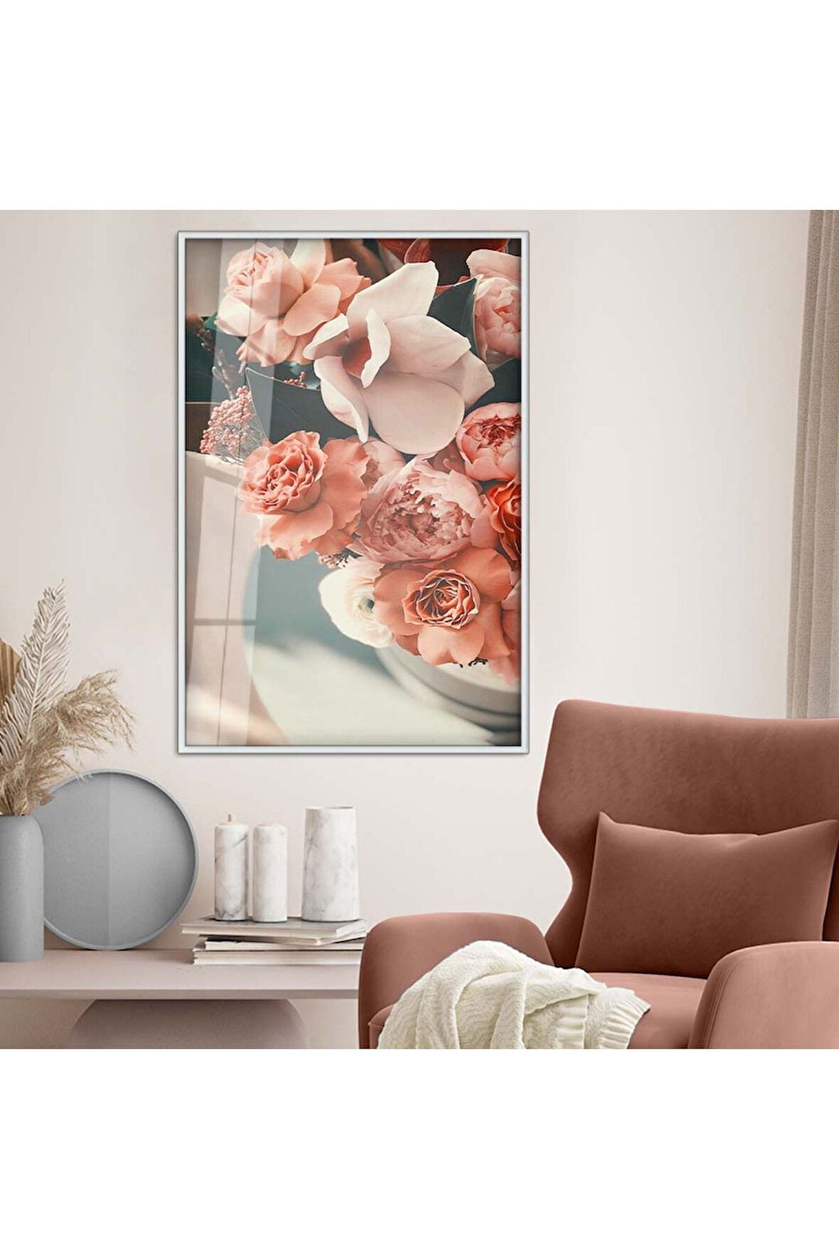 Siyah Metal Çerçeveli Renkli Çiçek Buketi Kırılmaz Cam Tablo