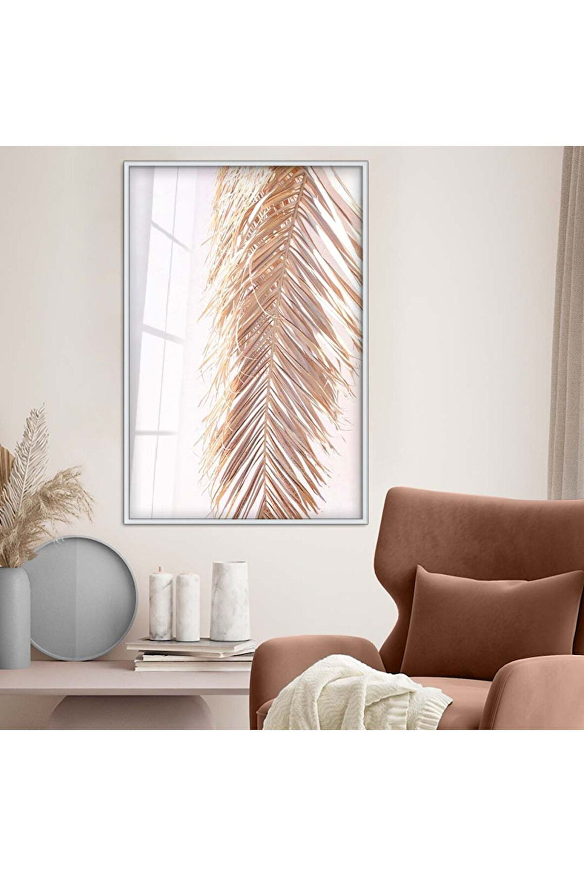 Gold Metal Çerçeveli Kuru Yaprak Kırılmaz Cam Tablo