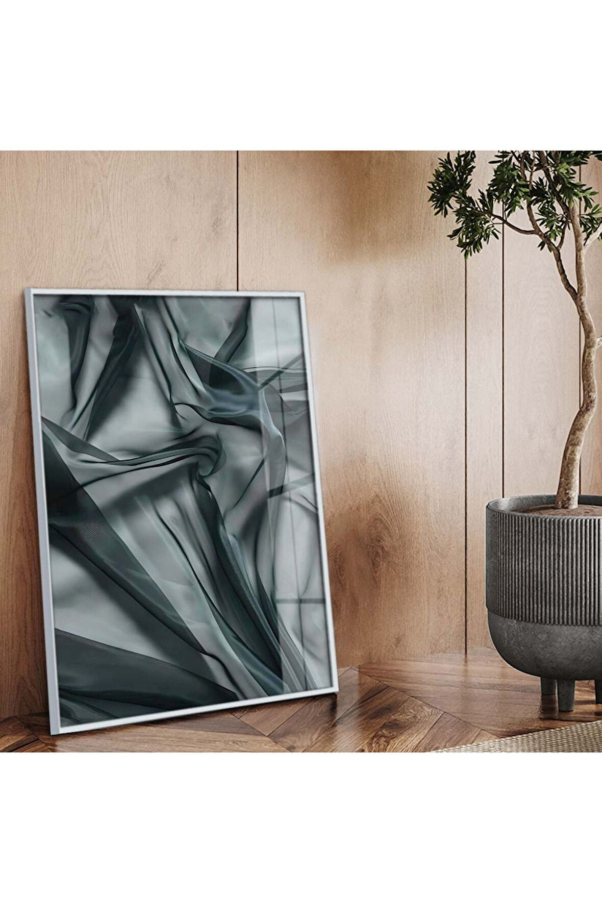 Gümüş Metal Çerçeveli Soyut Tema Modern Çizim Kırılmaz Cam Tablo