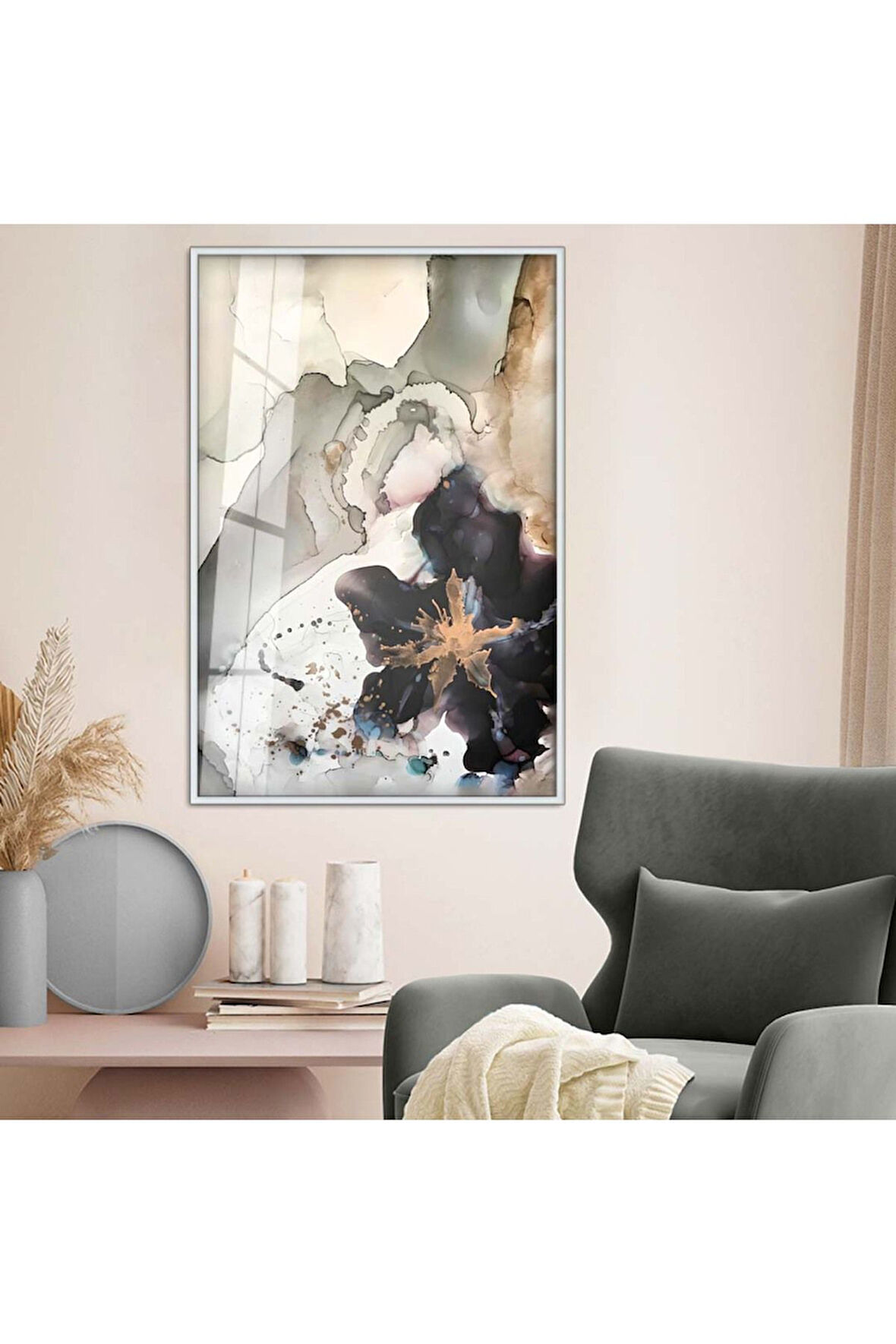 Siyah Metal Çerçeveli Soyut Tema Modern Çizim Kırılmaz Cam Tablo