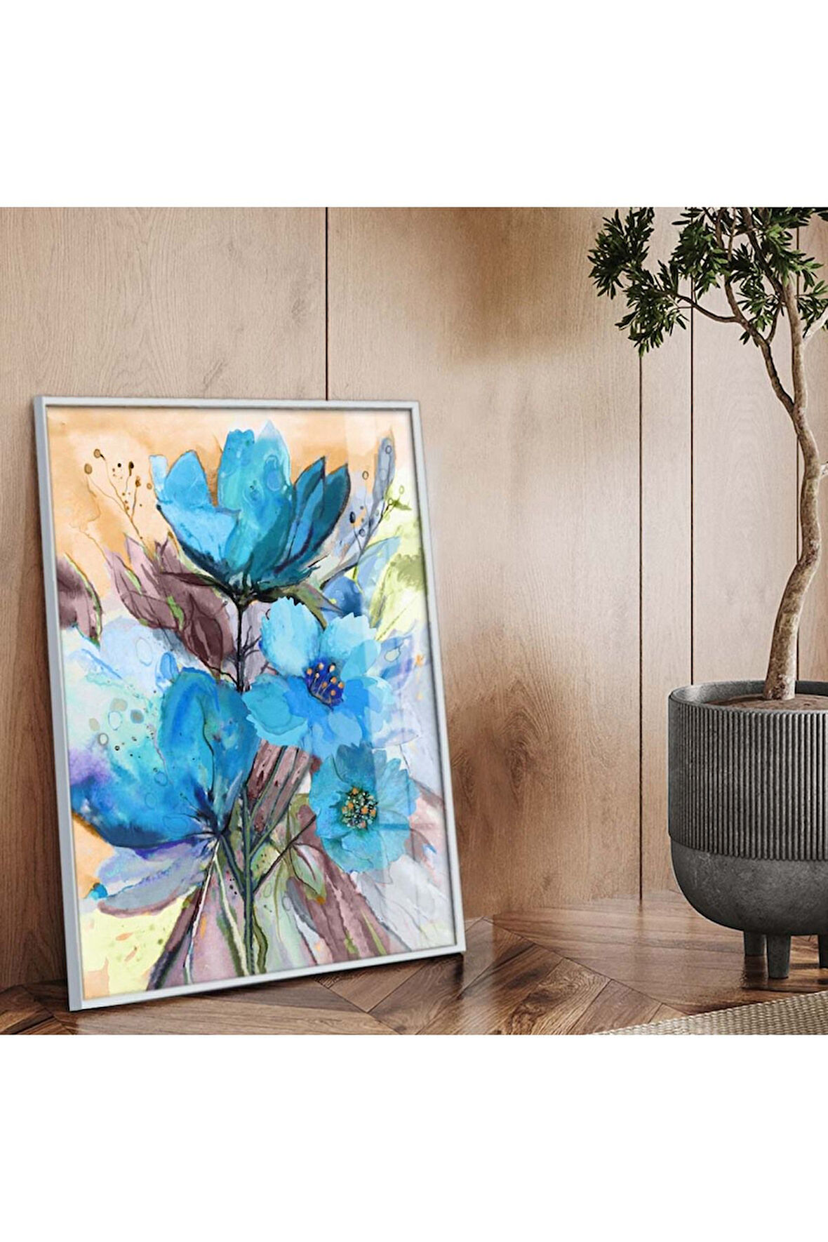 Gümüş Metal Çerçeveli Mavi Çiçek Modern Çizim Kırılmaz Cam Tablo