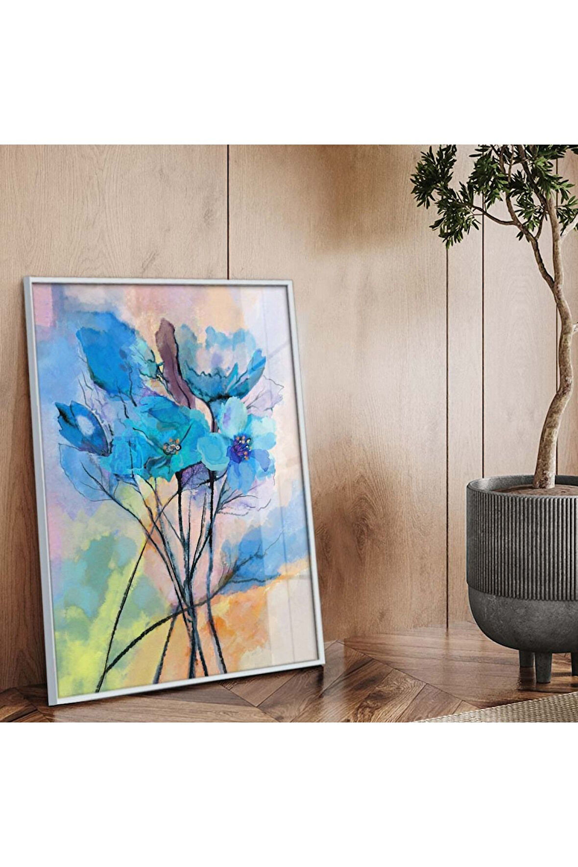 Gümüş Metal Çerçeveli Mavi Çiçek Modern Çizim Kırılmaz Cam Tablo