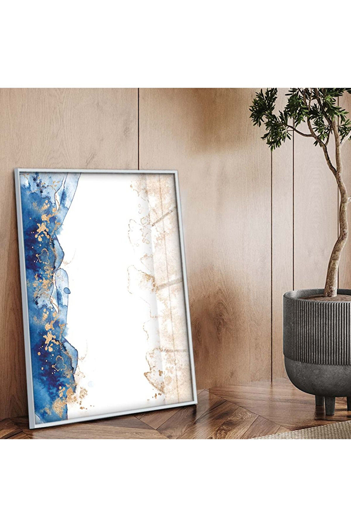 Gümüş Metal Çerçeveli Soyut Tema Modern Çizim Kırılmaz Cam Tablo