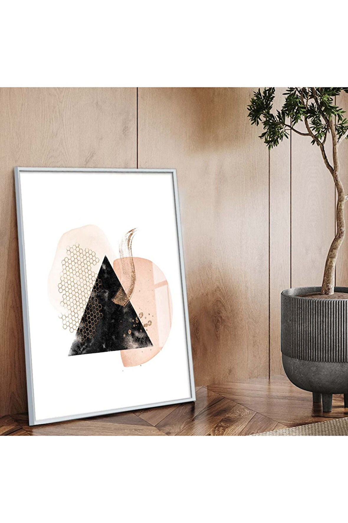 Gümüş Metal Çerçeveli Geometrik Desen Modern Çizim Kırılmaz Cam Tablo