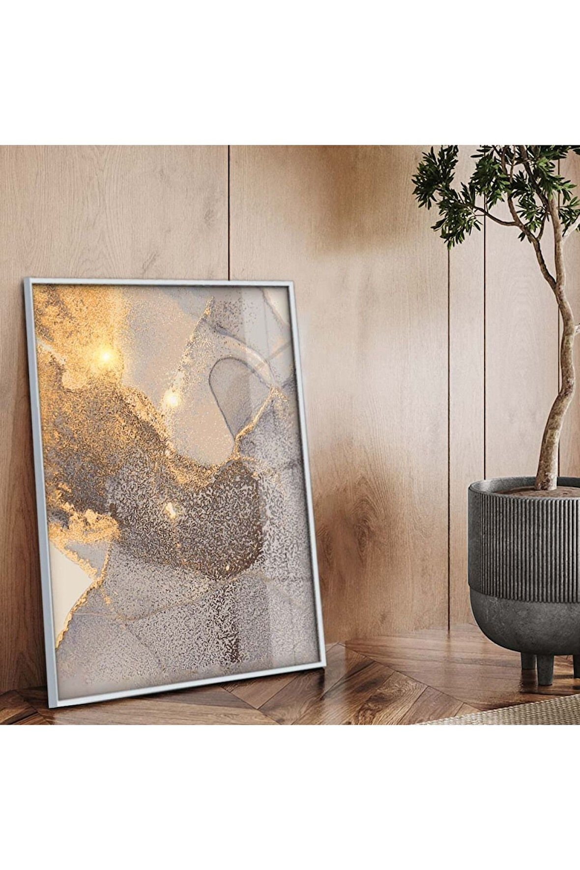 Gümüş Metal Çerçeveli Soyut Tema Modern Çizim Kırılmaz Cam Tablo