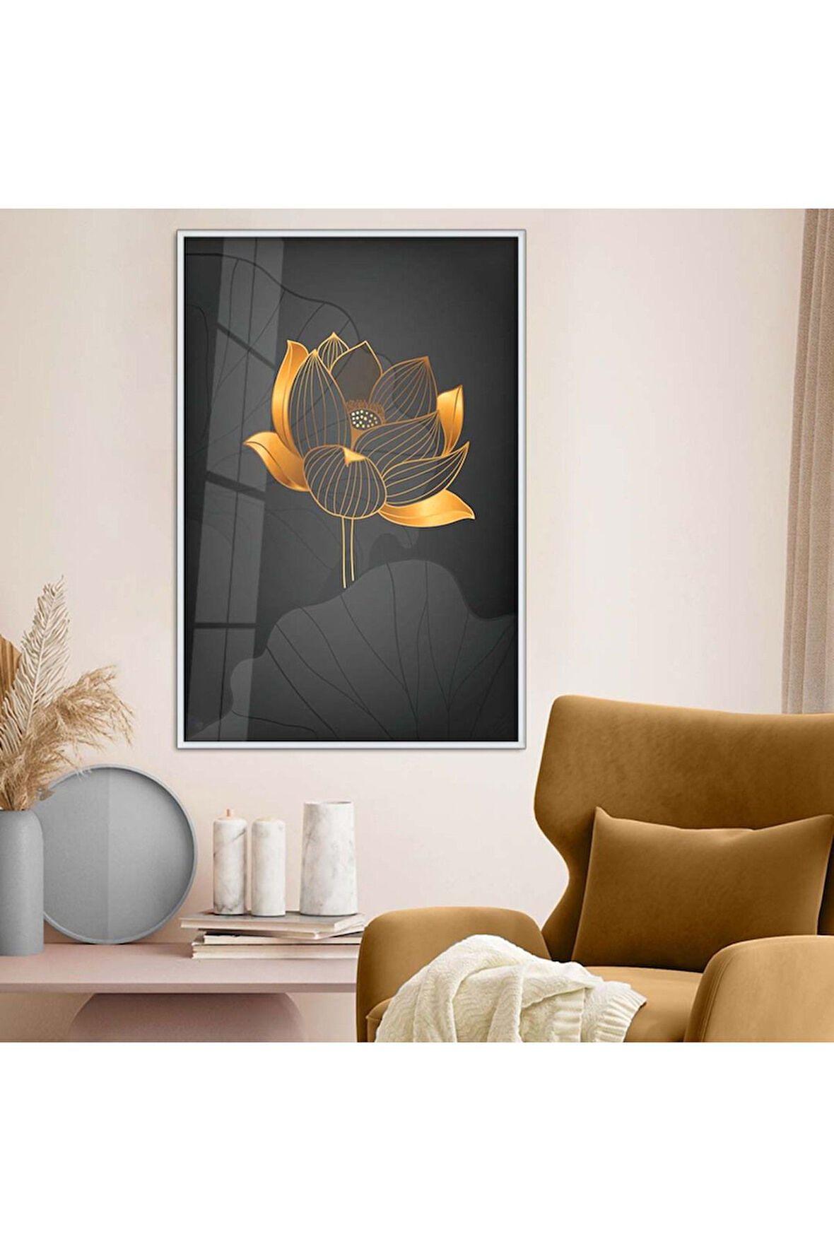 Gold Metal Çerçeveli Kolaj Çizim Çiçek Desen Kırılmaz Cam Tablo