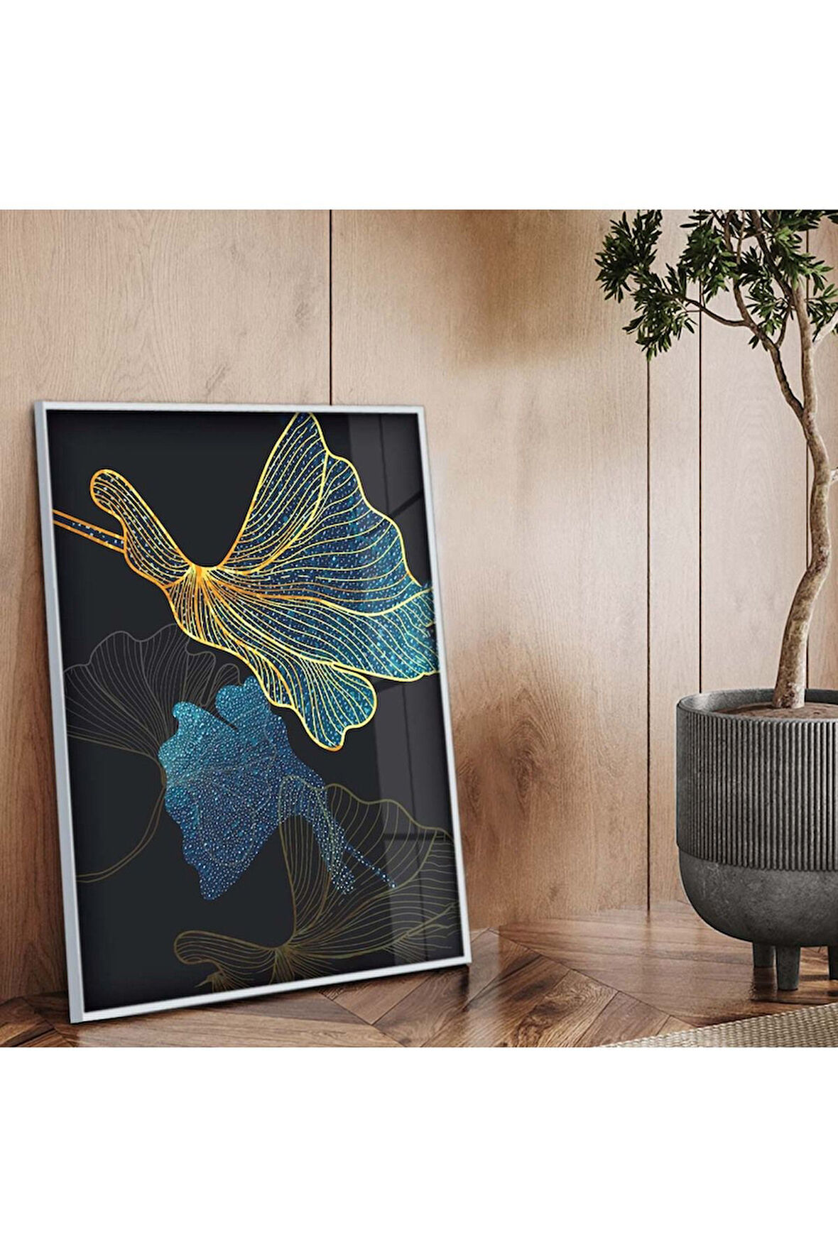 Gümüş Metal Çerçeveli Kolaj Çizim Çiçek Desen Kırılmaz Cam Tablo