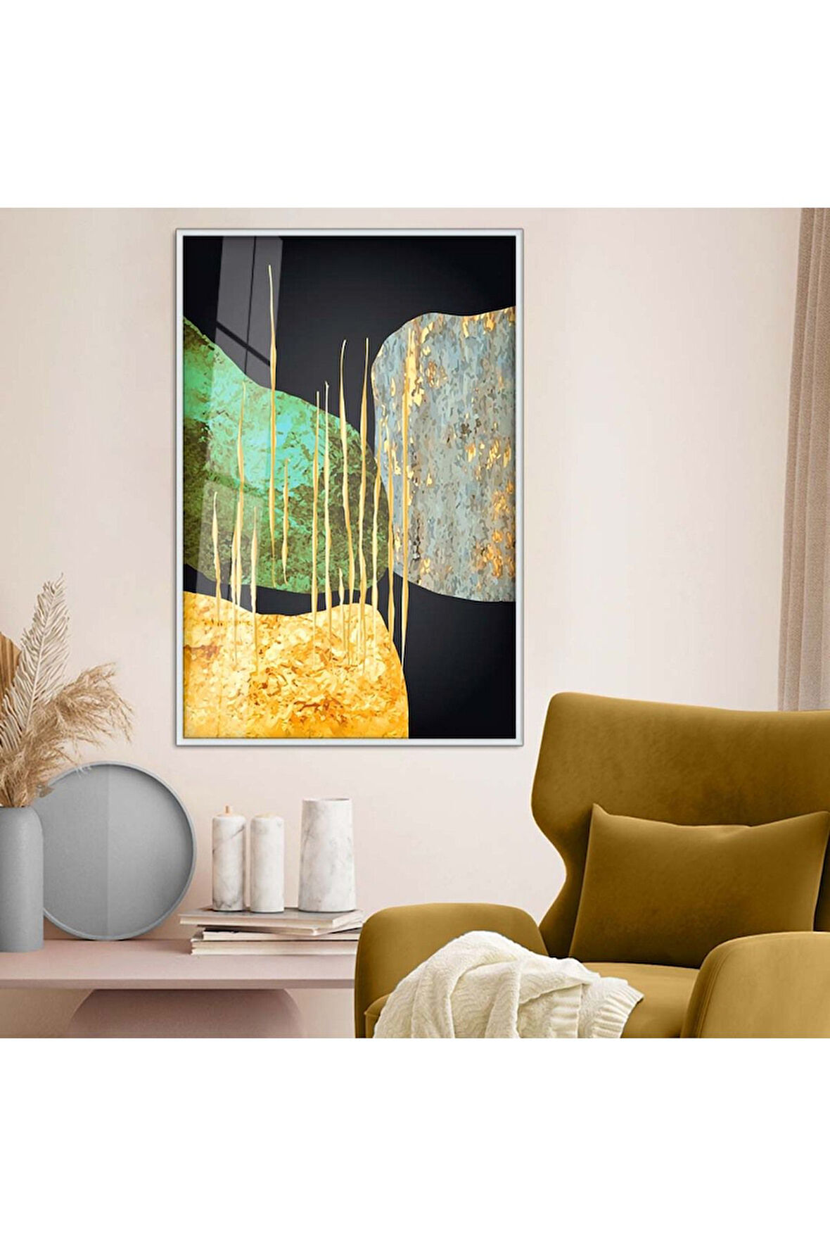 Gold Metal Çerçeveli Kolaj Çizim Soyut Tema Kırılmaz Cam Tablo