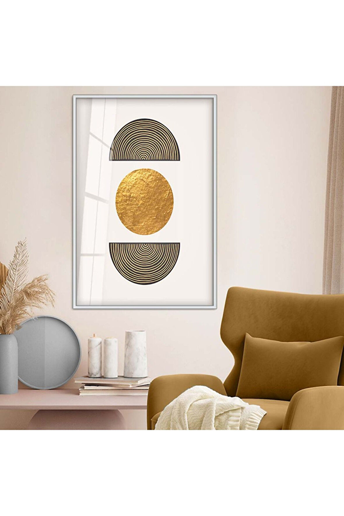 Siyah Metal Çerçeveli Geometrik Çizim Soyut Tema Çizim Kırılmaz Cam Tablo