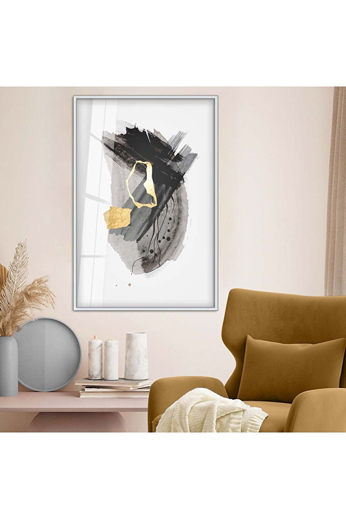 Siyah Metal Çerçeveli Soyut Tema Modern Çizim Kırılmaz Cam Tablo