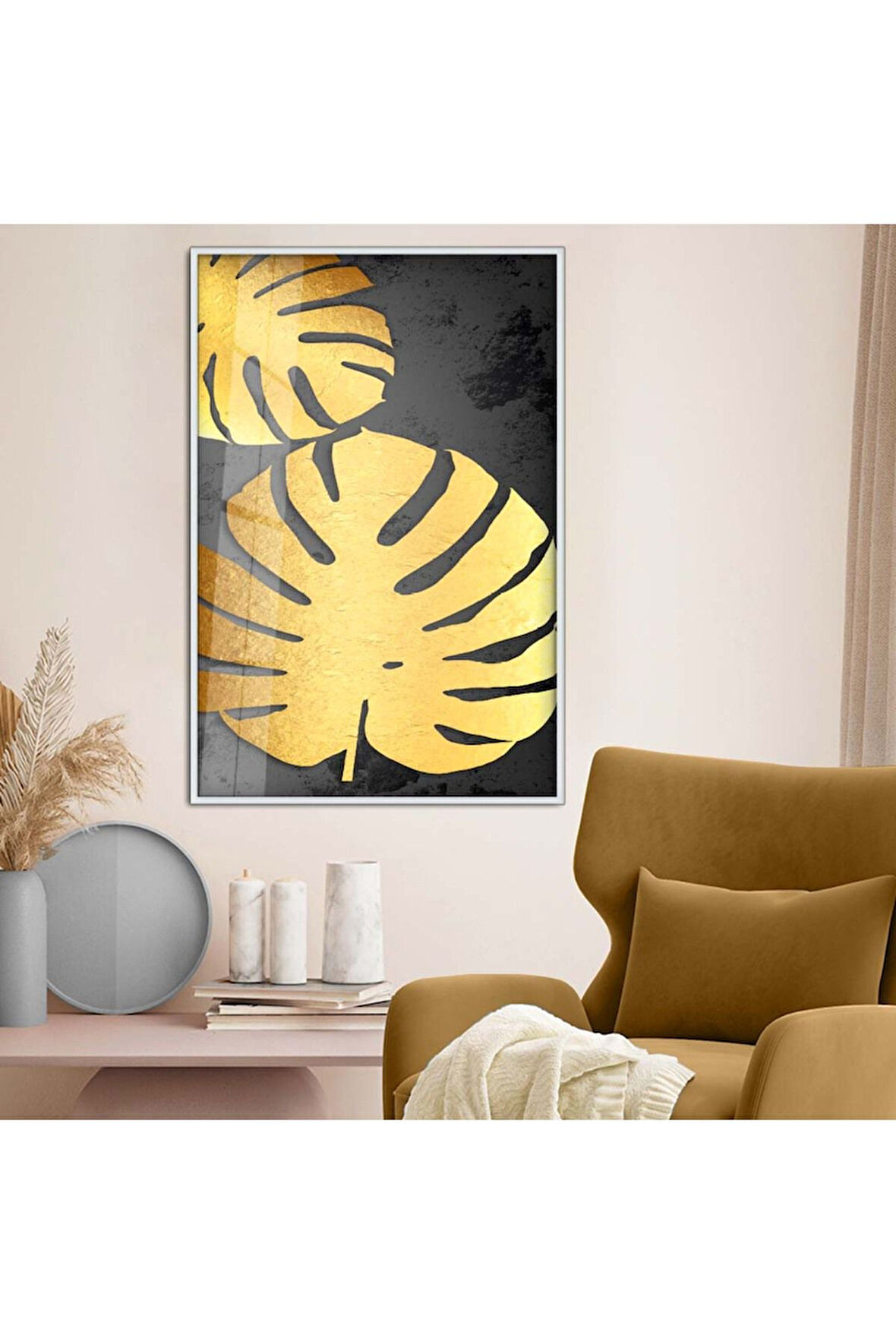 Gold Metal Çerçeveli Gold Tema Kolaj Çizim Kırılmaz Cam Tablo