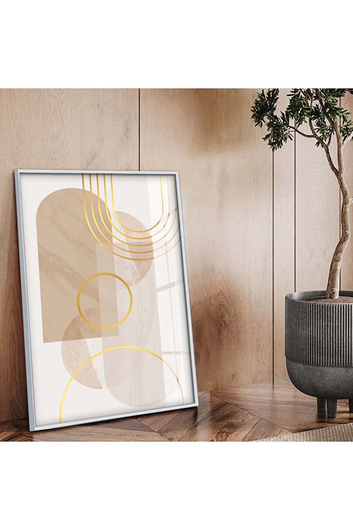 Gümüş Metal Çerçeveli Kolaj Çizim Soyut Tema Kırılmaz Cam Tablo