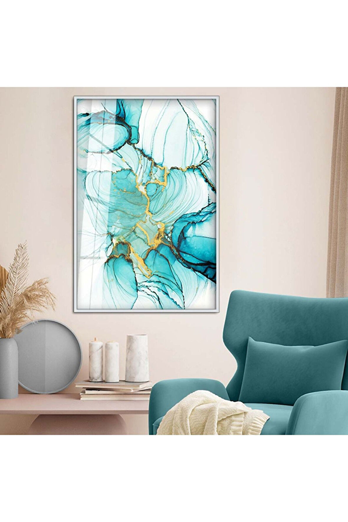 Siyah Metal Çerçeveli Soyut Tema Modern Çizim Kırılmaz Cam Tablo