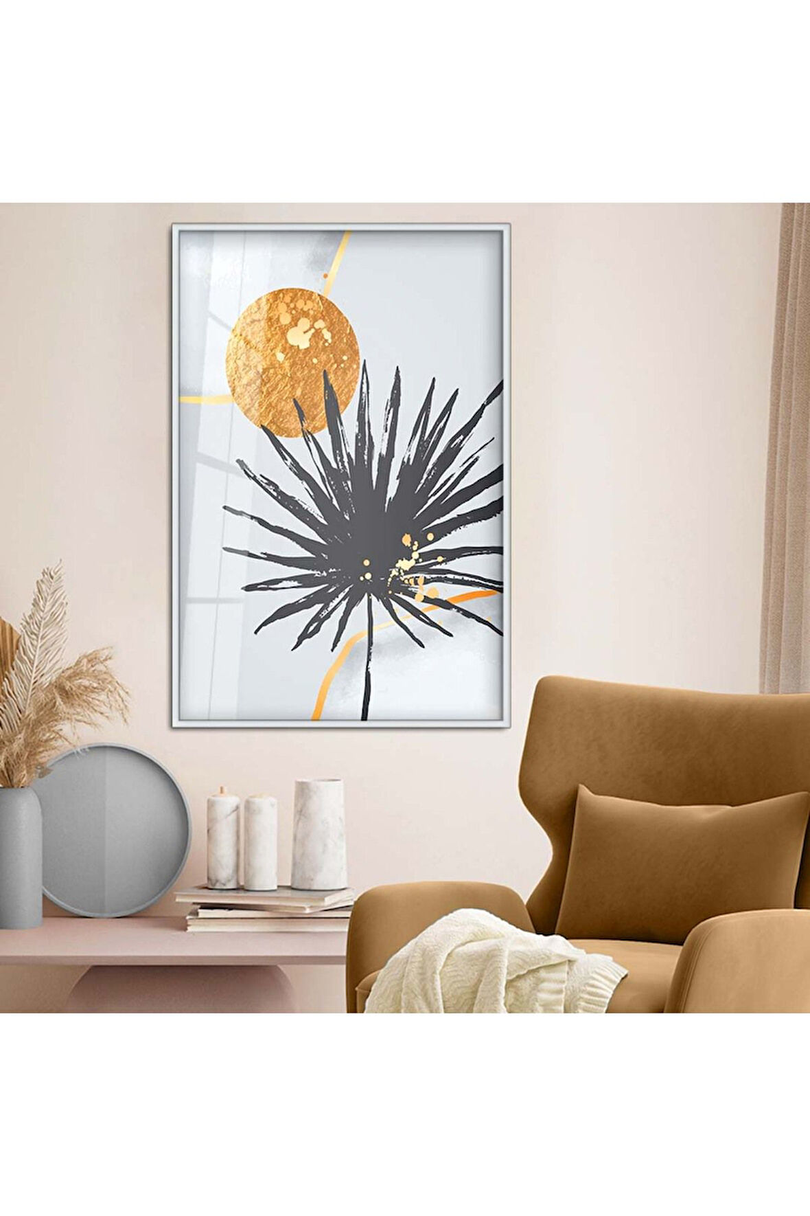 Gold Metal Çerçeveli Kolaj Çizim Yaprak Desen Kırılmaz Cam Tablo