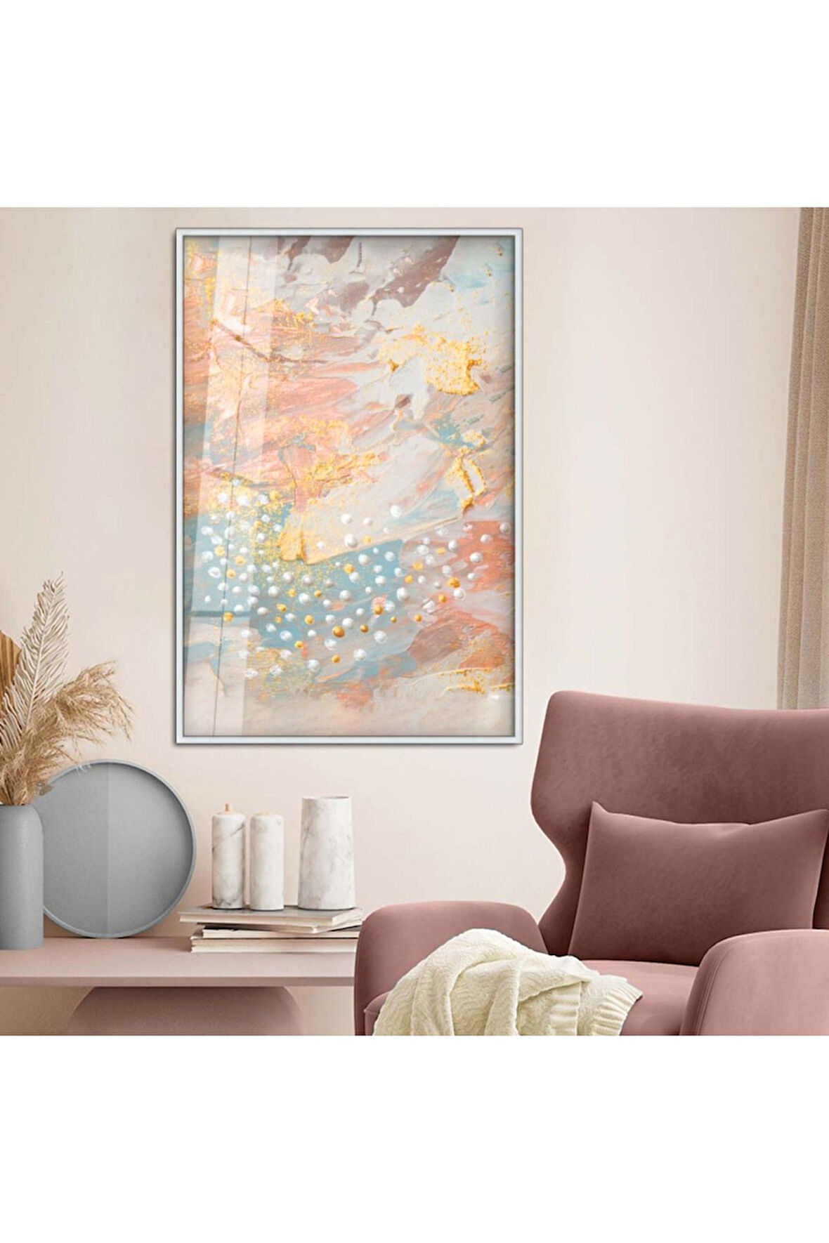 Gold Metal Çerçeveli Soyut Tema Renkli Desen Kırılmaz Cam Tablo