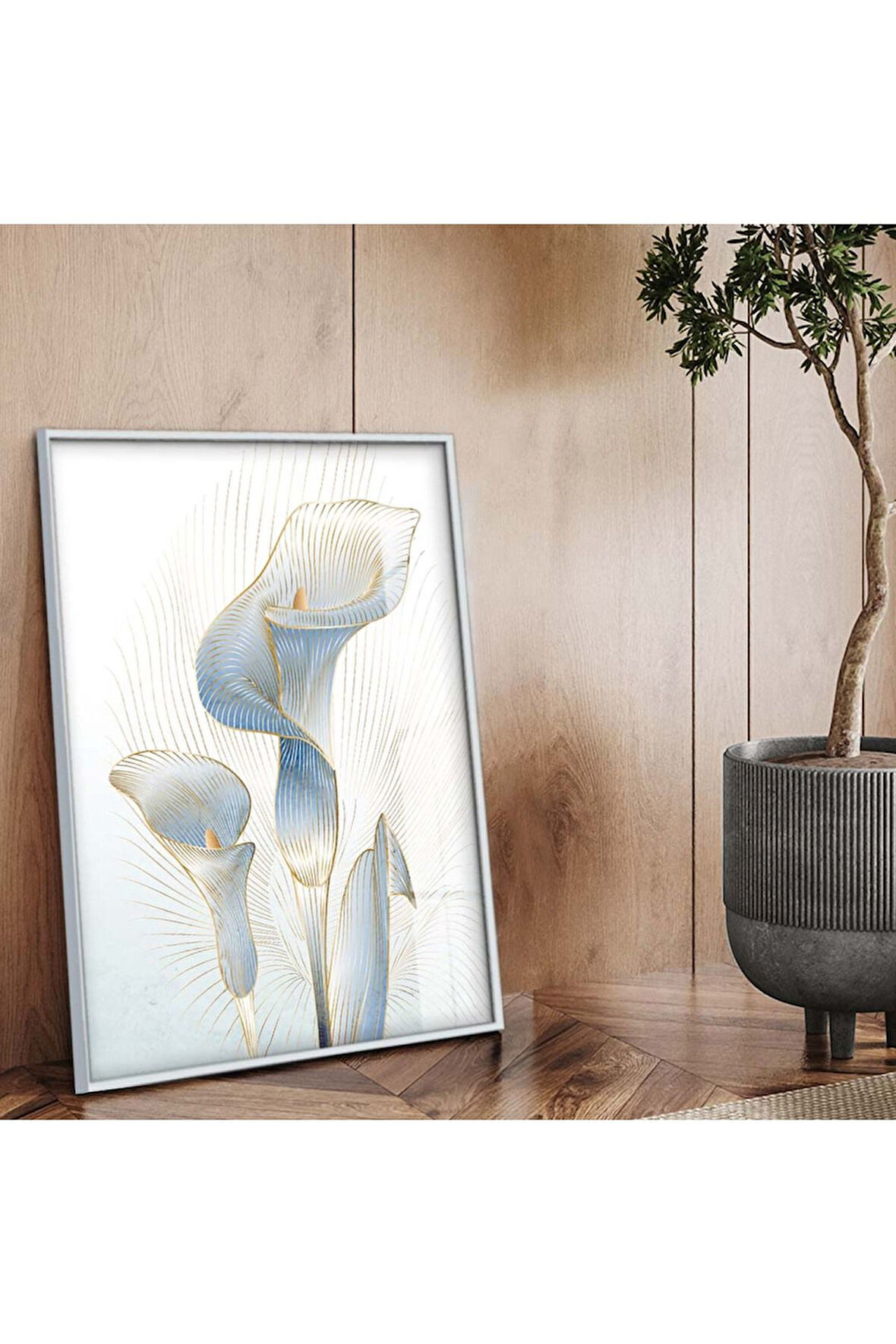 Gümüş Metal Çerçeveli Modern Çizim Çiçek Desen Kırılmaz Cam Tablo