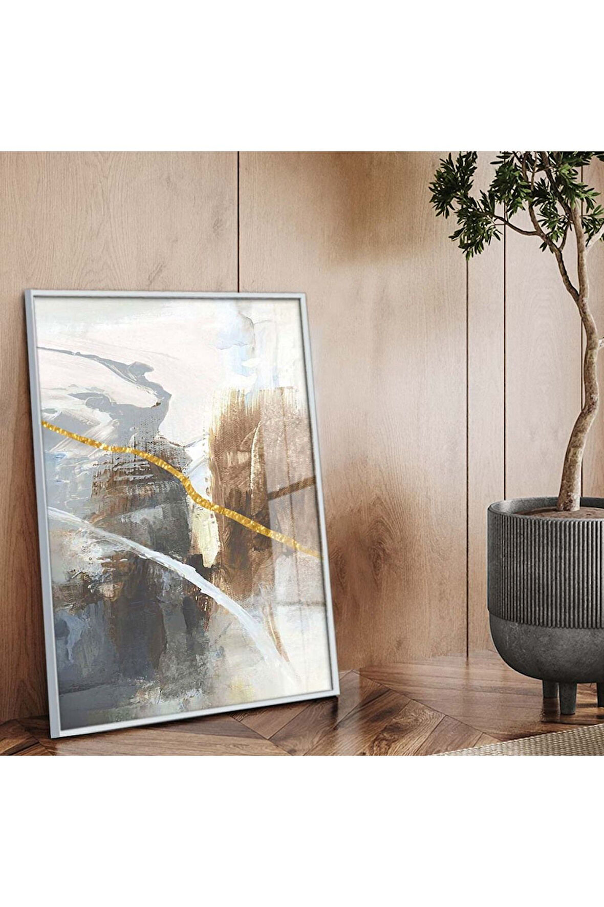 Gümüş Metal Çerçeveli Modern Çizim Soyut Tema Kırılmaz Cam Tablo