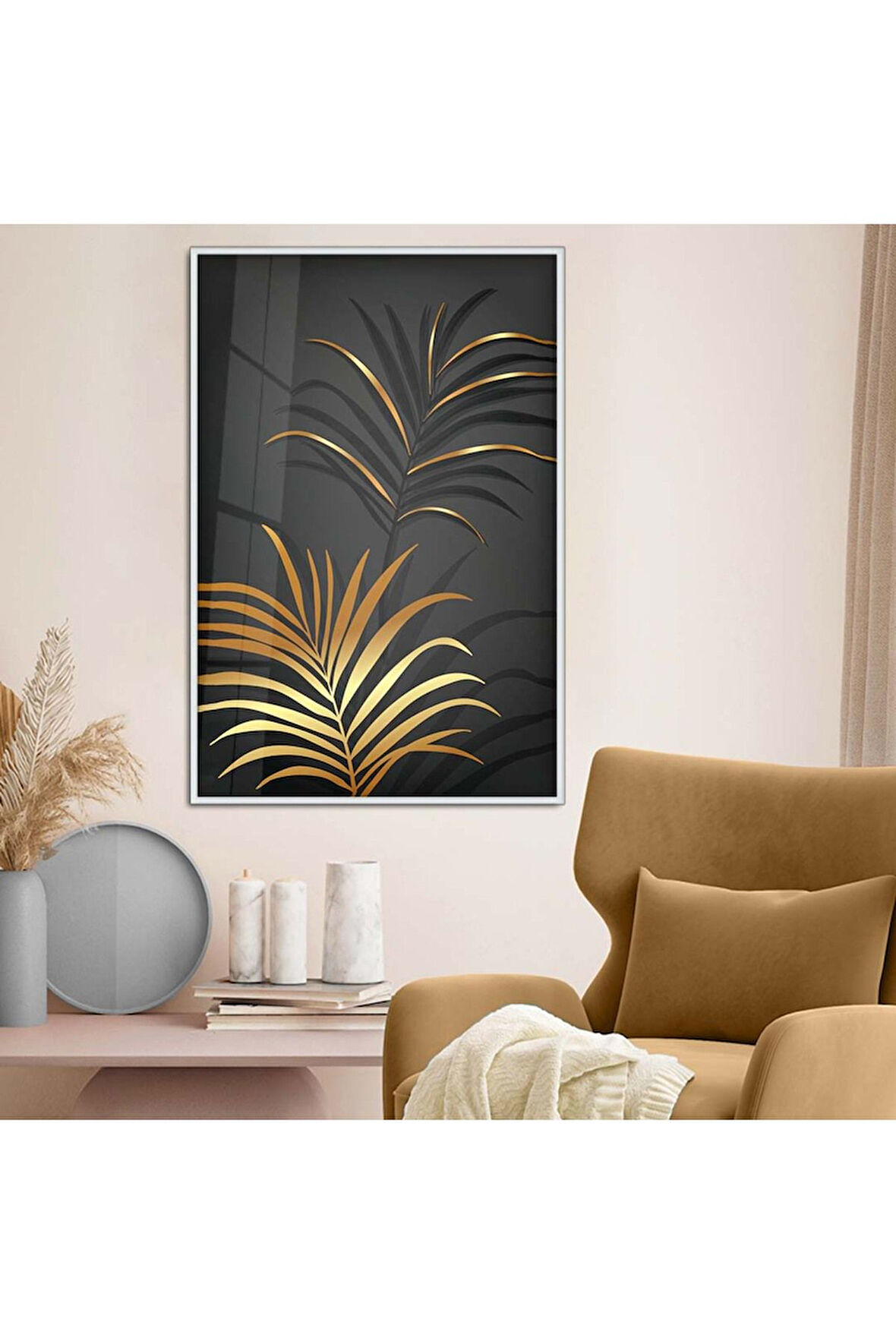 Gold Metal Çerçeveli Kolaj Çizim Yaprak Desen Kırılmaz Cam Tablo