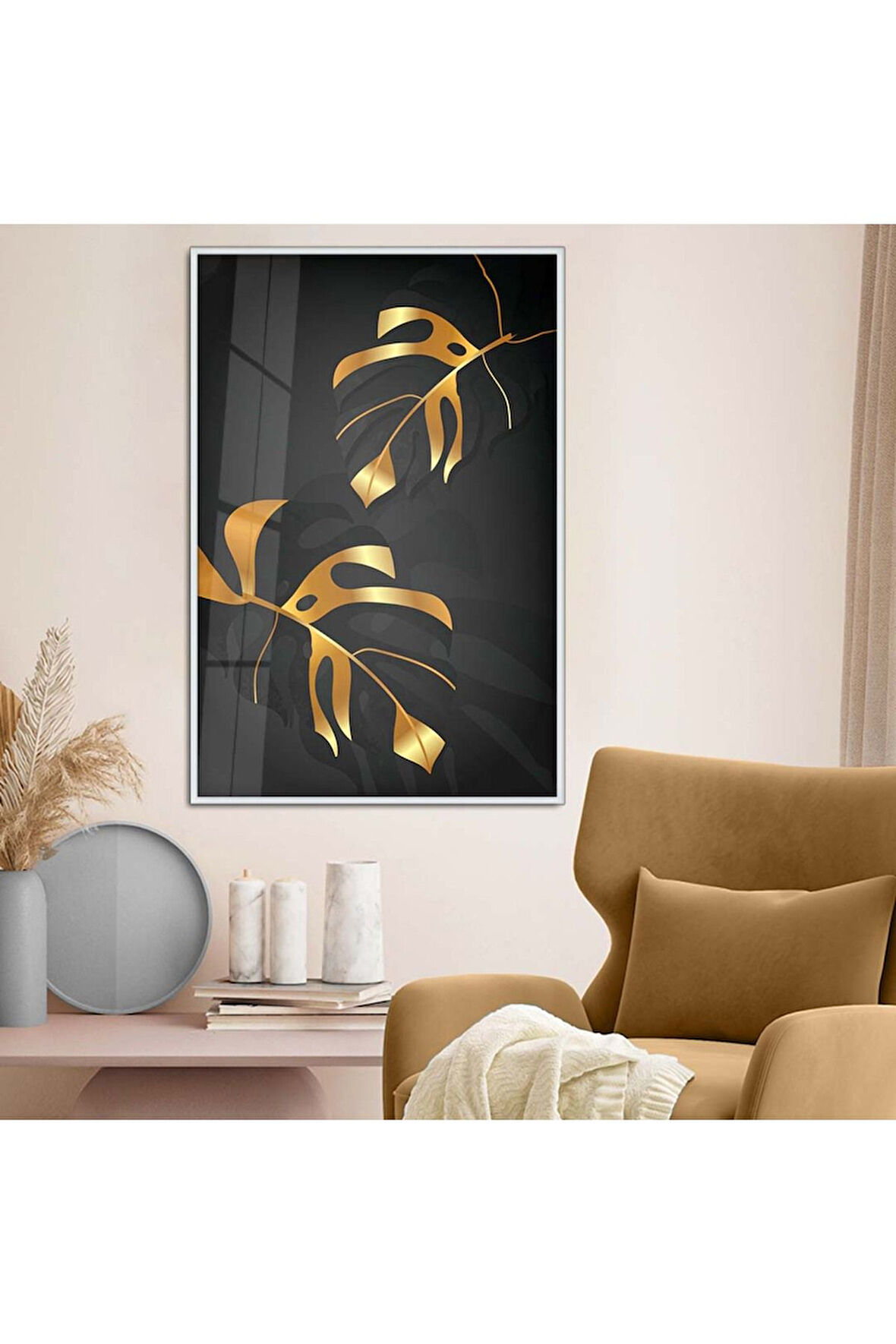 Gold Metal Çerçeveli Kolaj Çizim Yaprak Desen Kırılmaz Cam Tablo