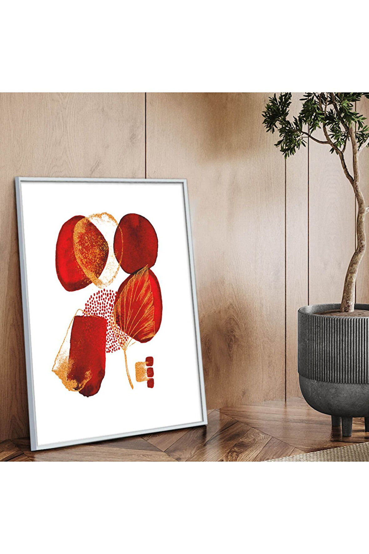 Gümüş Metal Çerçeveli Kolaj Çizim Soyut Tema Kırılmaz Cam Tablo