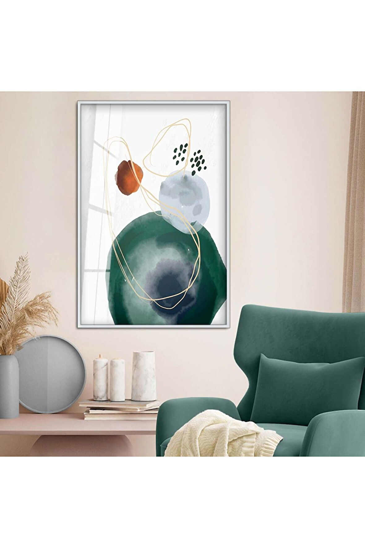 Siyah Metal Çerçeveli Kolaj Çizim Soyut Tema Kırılmaz Cam Tablo