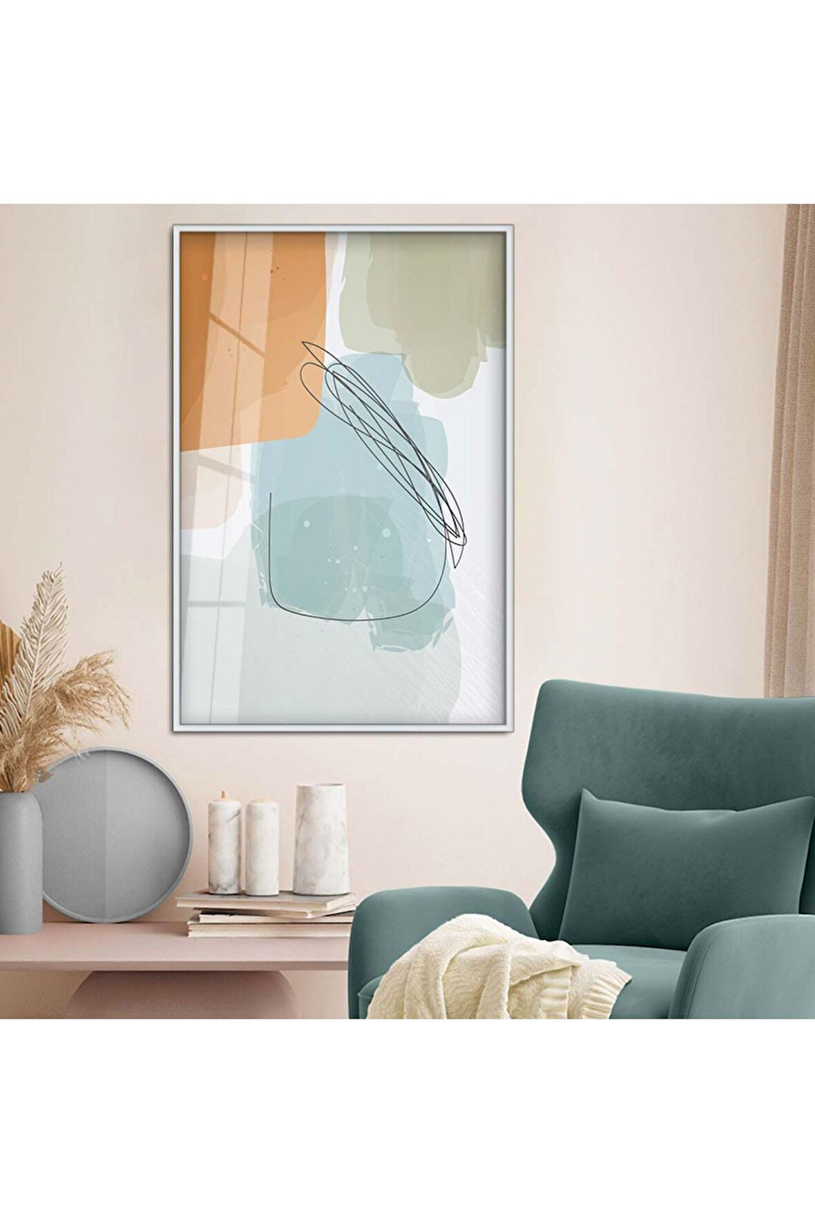 Gold Metal Çerçeveli Kolaj Çizim Soyut Tema Kırılmaz Cam Tablo