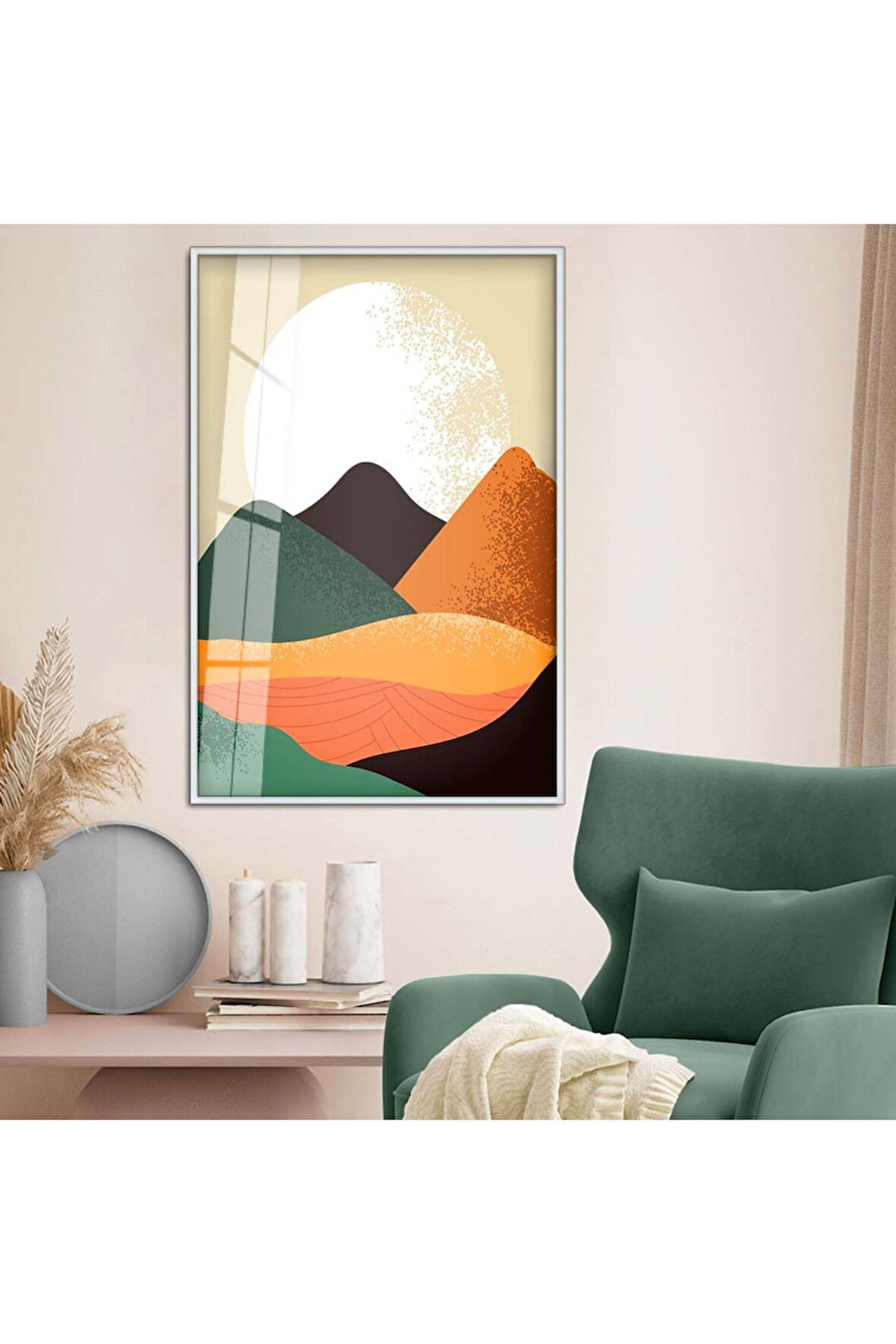 Siyah Metal Çerçeveli Kolaj Çizim Doğa Tema Kırılmaz Cam Tablo