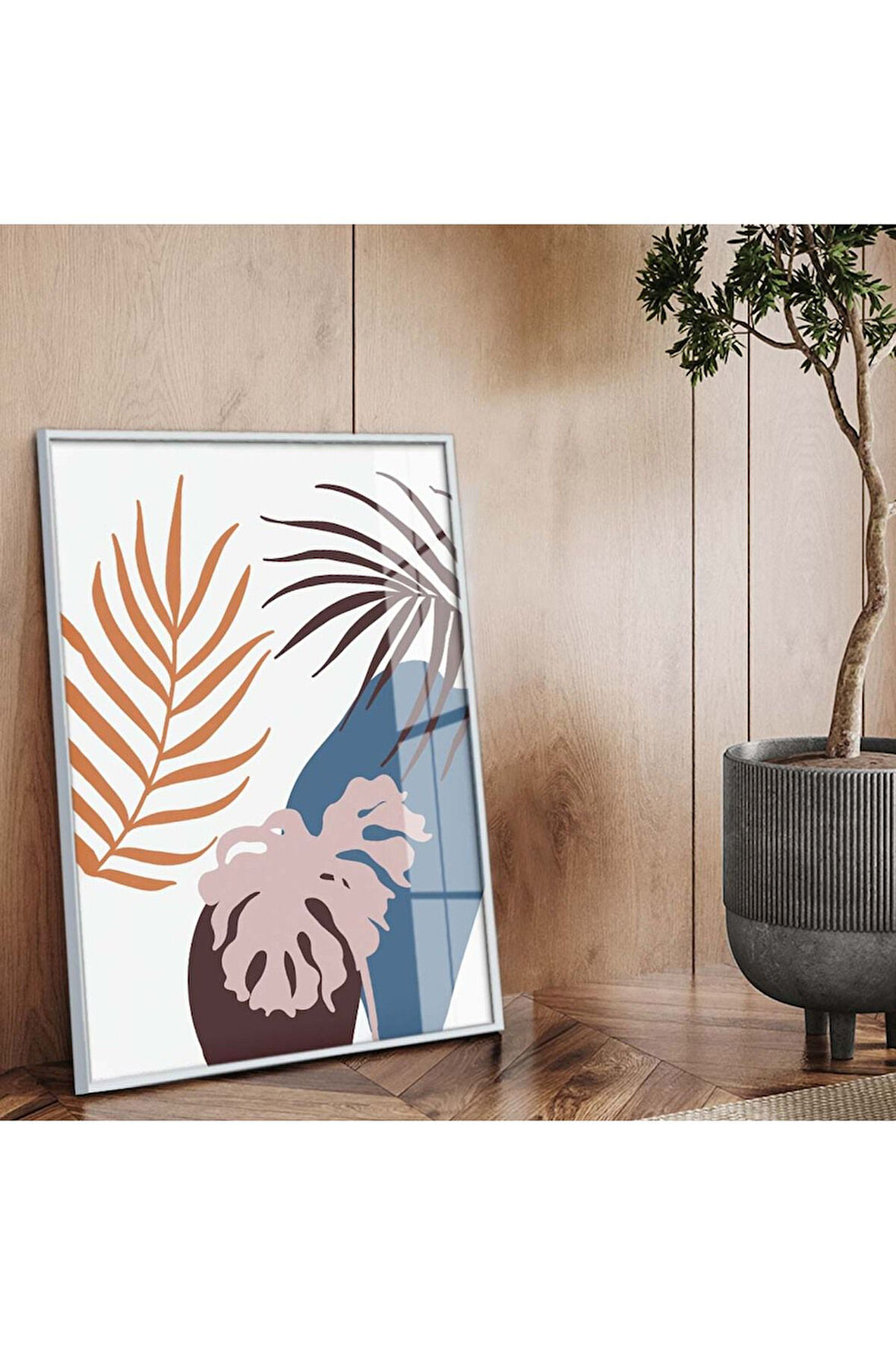 Gümüş Metal Çerçeveli Kolaj Çizim Yaprak Tema Kırılmaz Cam Tablo