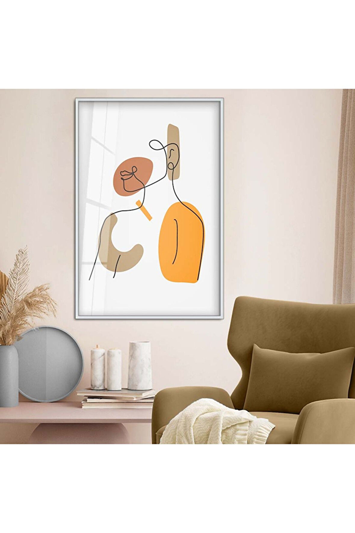 Gold Metal Çerçeveli Kolaj Çizim Soyut Tema Kırılmaz Cam Tablo