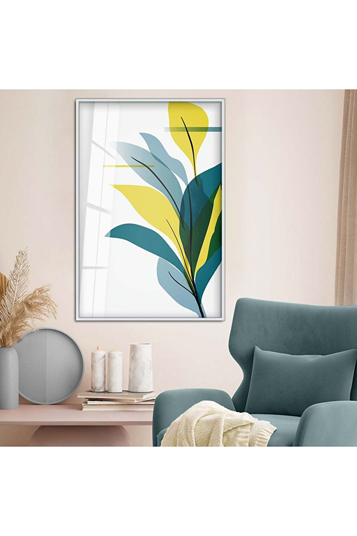 Gold Metal Çerçeveli Modern Çizim Yaprak Kırılmaz Cam Tablo