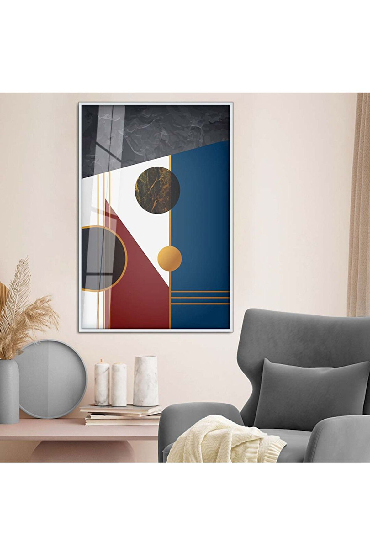 Gold Metal Çerçeveli Modern Çizim Geometrik Desen Kırılmaz Cam Tablo