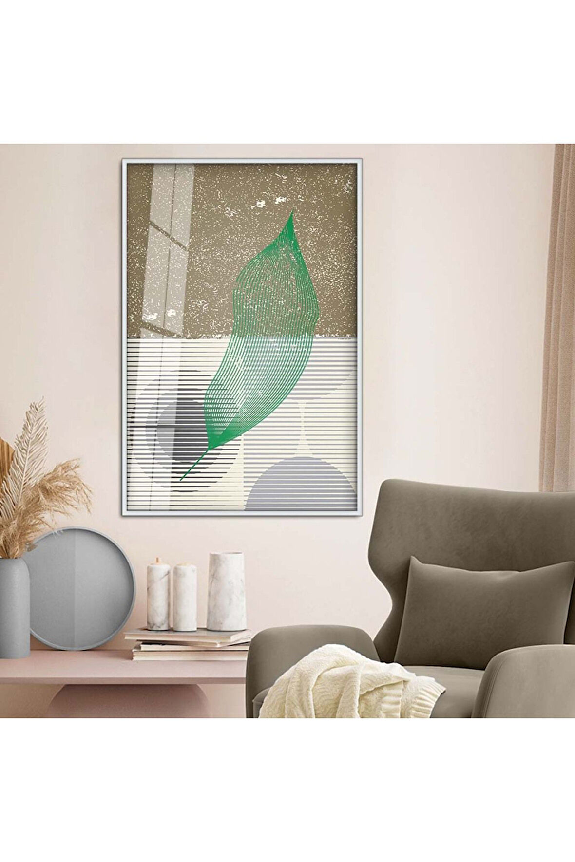 Gold Metal Çerçeveli Kolaj Çizim Yaprak Desen Kırılmaz Cam Tablo