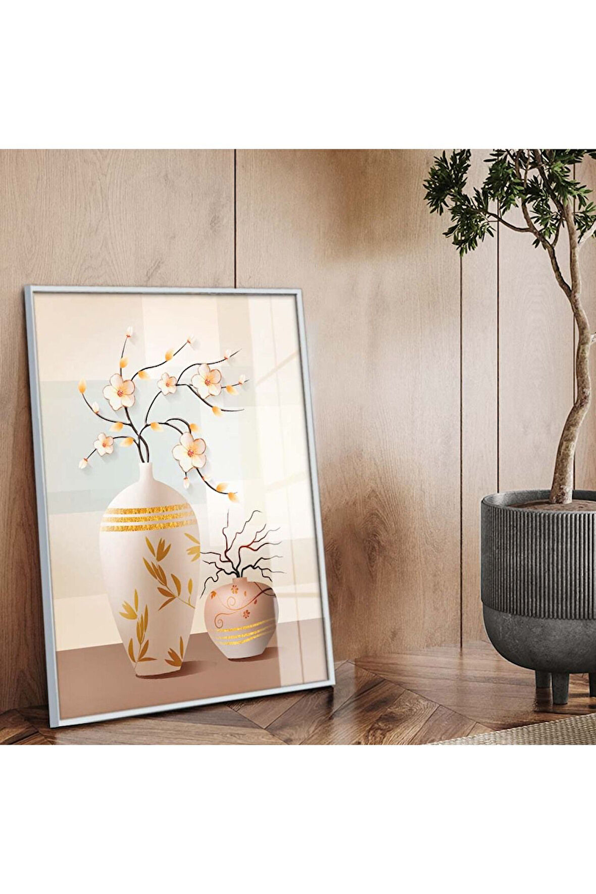Gümüş Metal Çerçeveli Modern Çizim Vazo Tema Kırılmaz Cam Tablo
