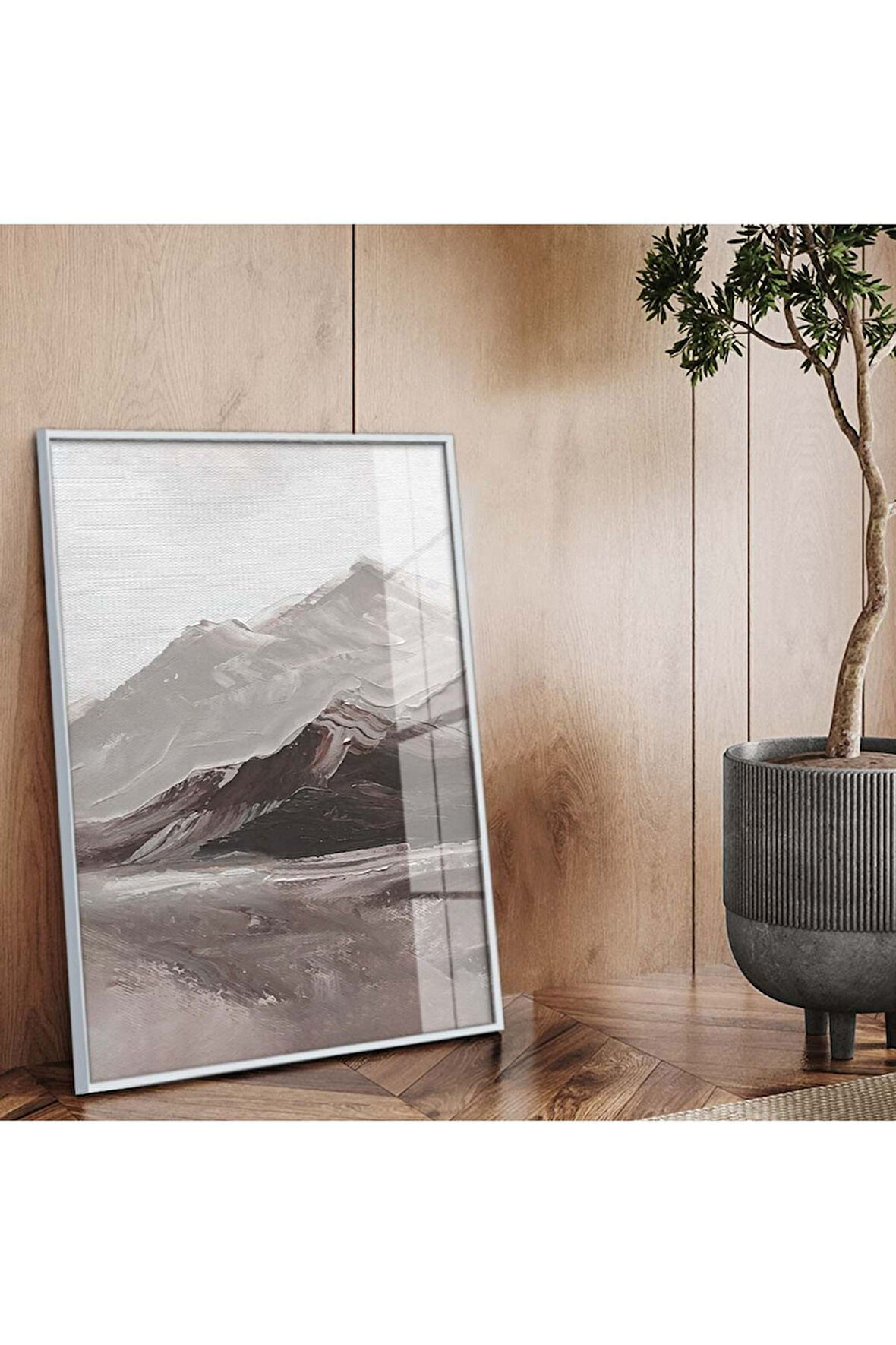 Gümüş Metal Çerçeveli Modern Çizim Dağ Tema Kırılmaz Cam Tablo