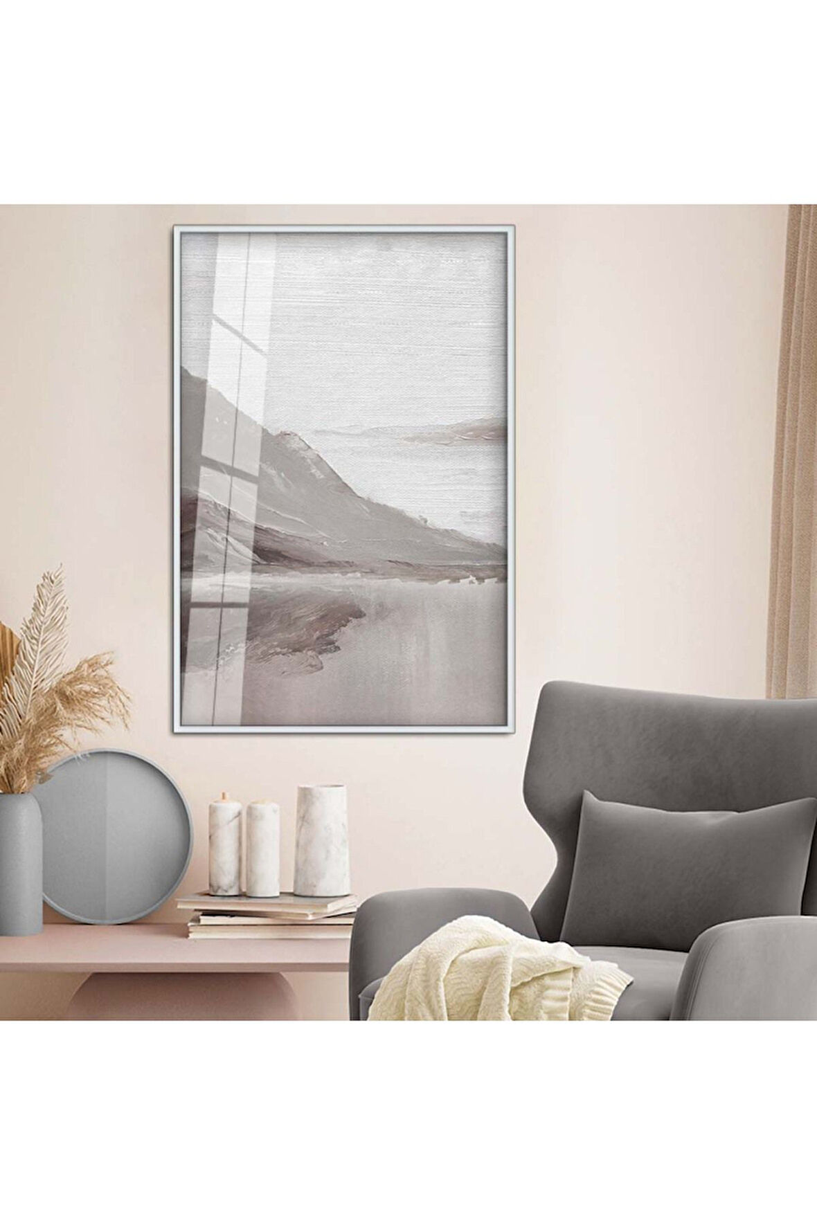 Gold Metal Çerçeveli Modern Çizim Dağ Tema Kırılmaz Cam Tablo