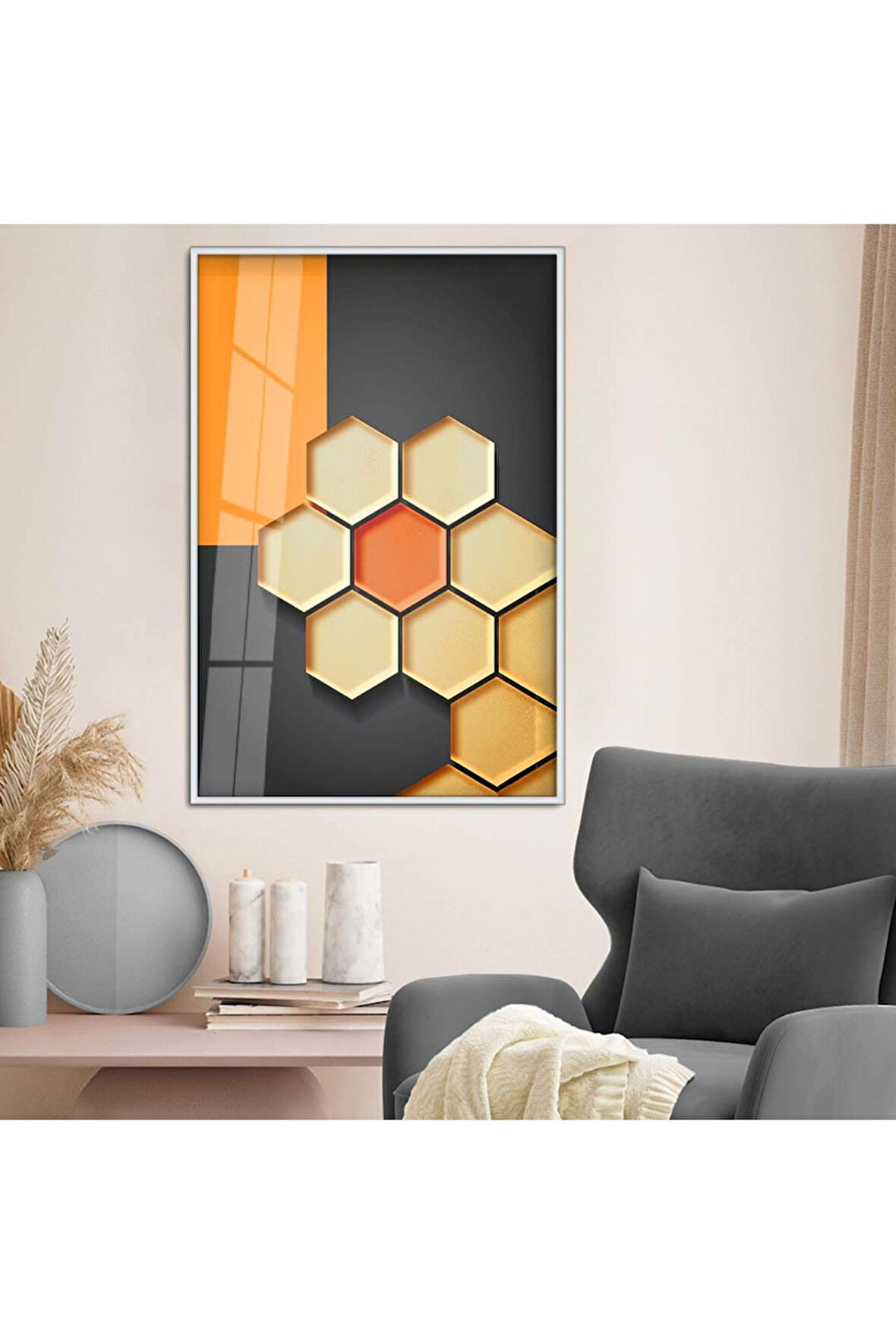 Gold Metal Çerçeveli Geometrik Çizim Soyut Tema Kırılmaz Cam Tablo